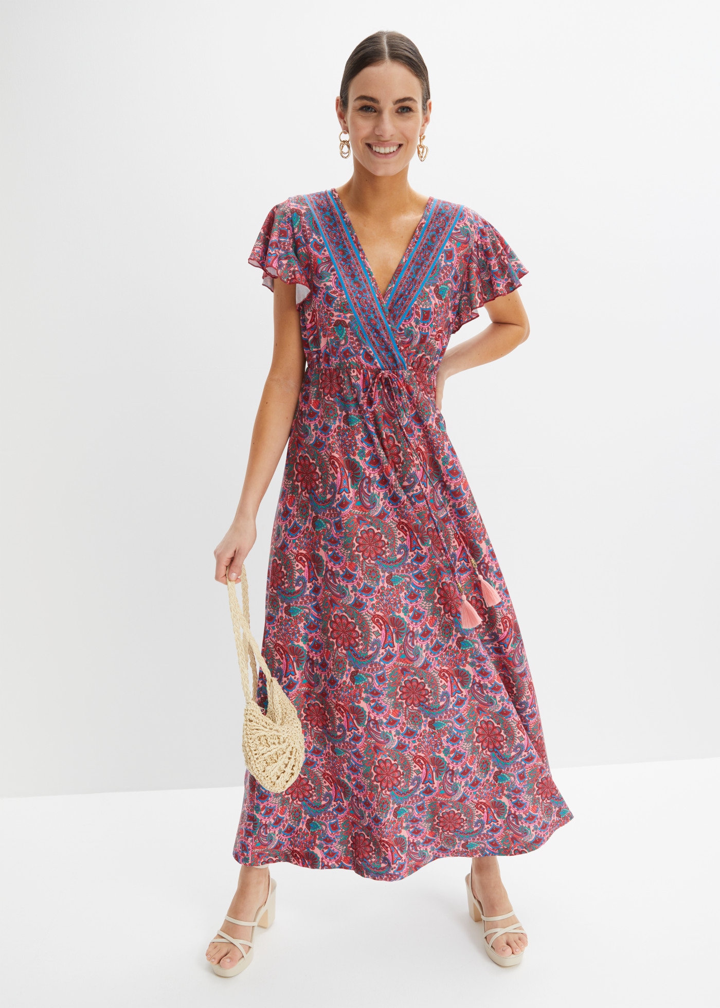 bonprix Maxikleid lockerer Schnitt, mit Flügelärmeln, elastisches Material, Maxilänge