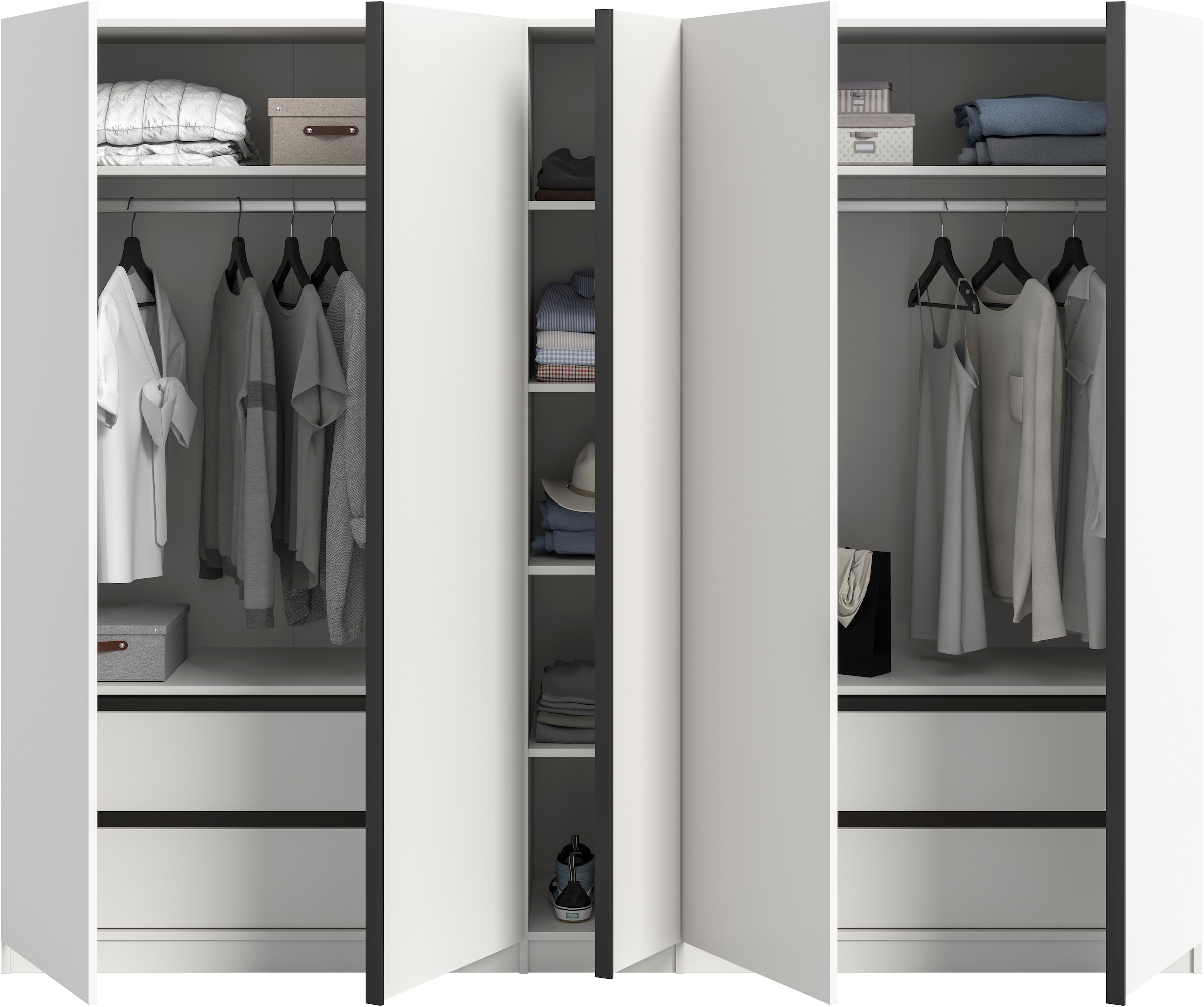 Home affaire Kleiderschrank »BENDINGO, TOPSELLER!, Schlafzimmerschrank, Schrank, Garderobenschrank«, (OTTO BESTSELLER, Garderobe & Schlafzimmer), Breite 230cm, weiß, 5-türig, 2 Kleiderstangen, 6 Böden, 4 Schubladen