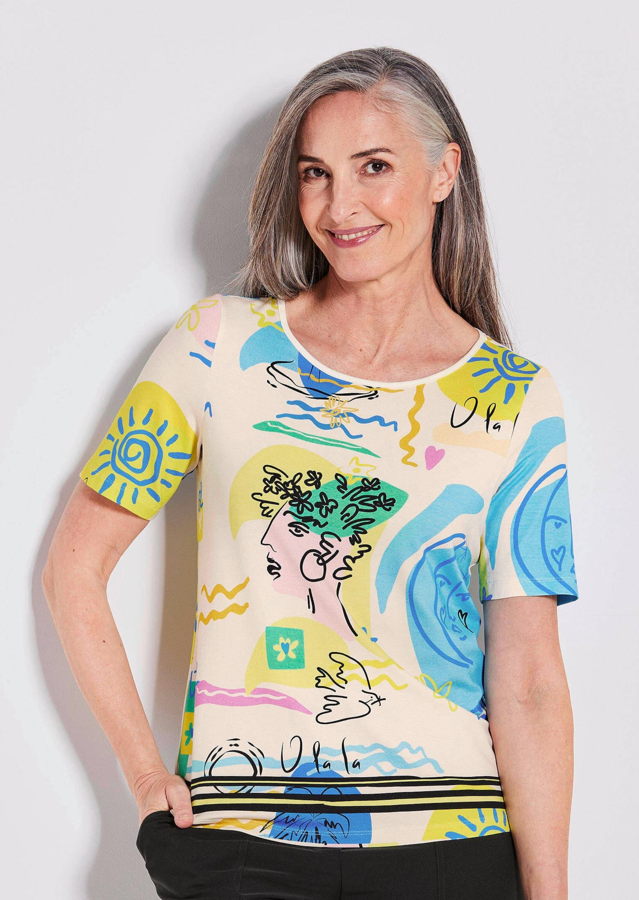 GOLDNER Kurzarmshirt »Kurzgröße Blusenshirt mit Allover-Design« Alloverdruck