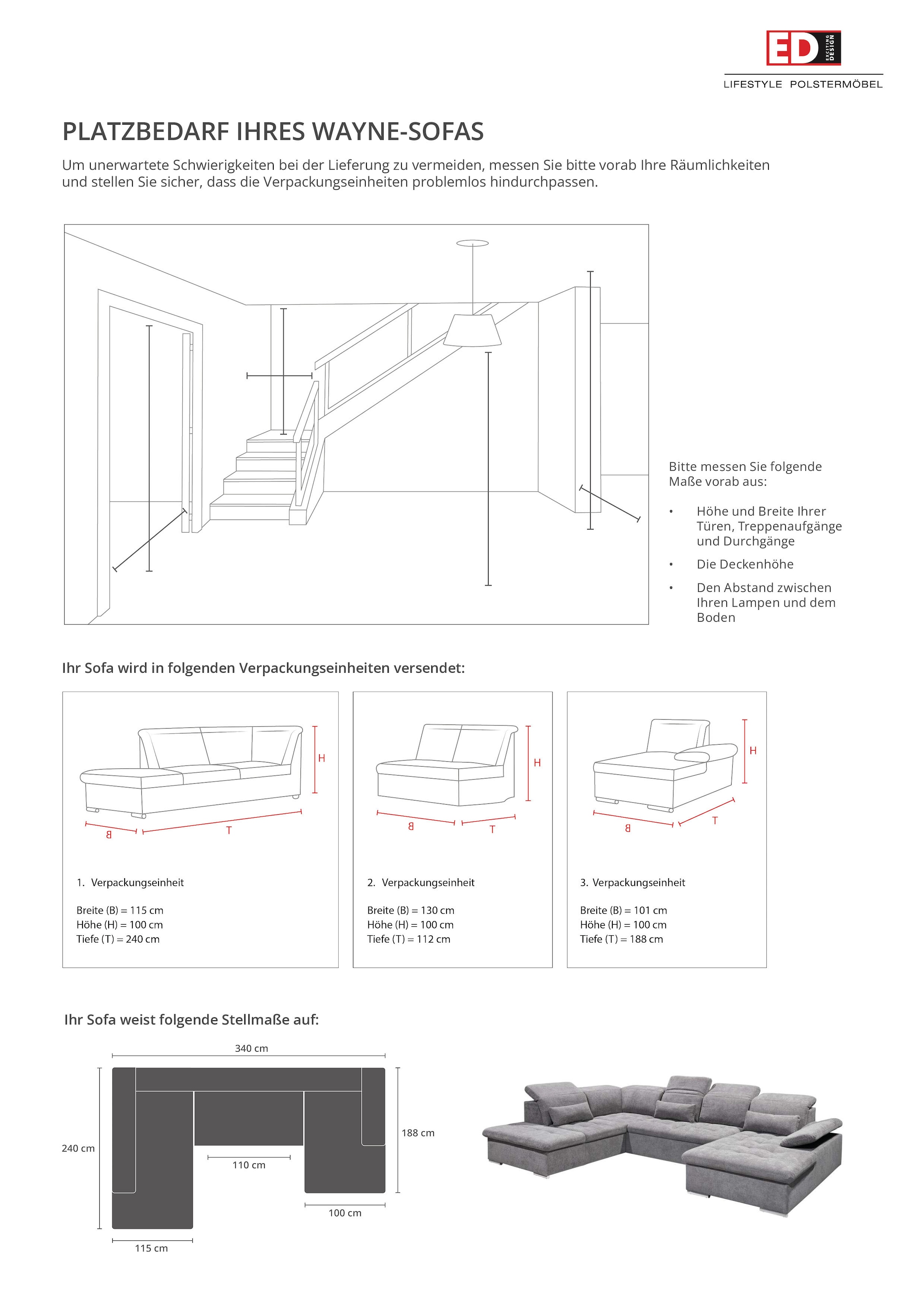 ED EXCITING DESIGN Wohnlandschaft »Wayne U-Form mit Bettfunktion, Bettkasten« Arm- und Kopfteilverstellung & 3 Nierenkissen