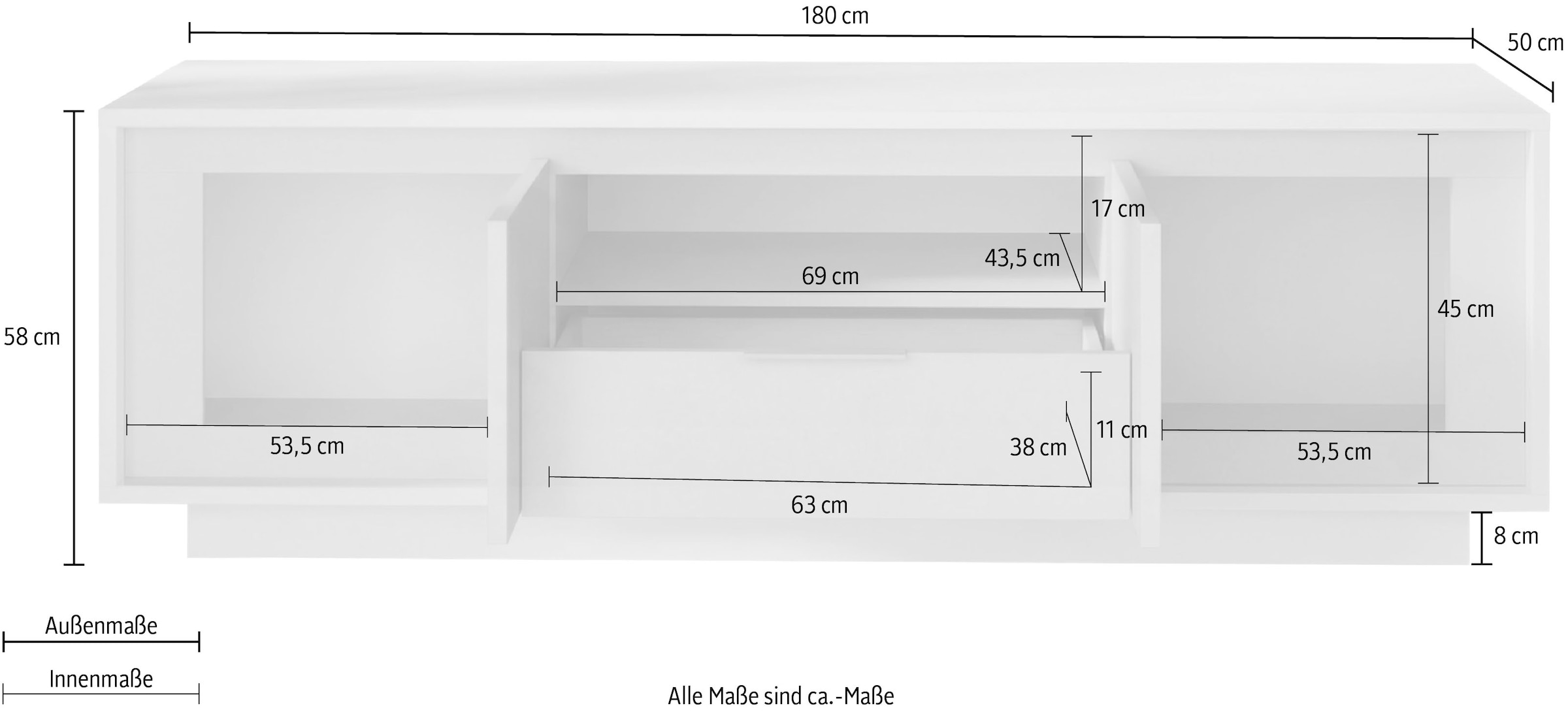 Home affaire Lowboard »Sky, B/T 180/50 cm, TV-Schrank/Medienboard, 2 Türen, 1 Schubkasten« Softclosing, Korpus & Front 22 mm stark, Rahmen-Optik, Metallgriff