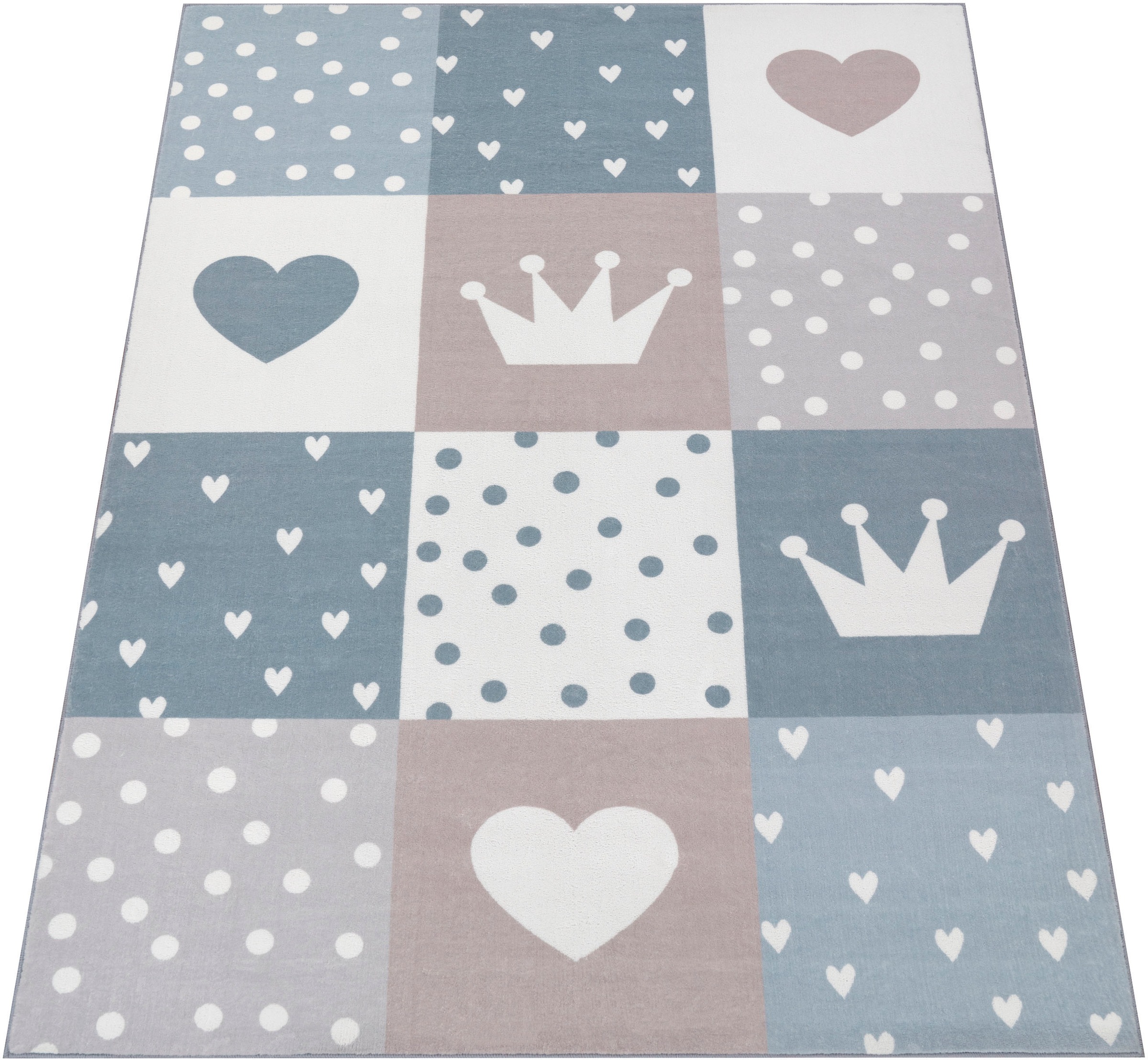 Paco Home Kinderteppich »Eliz 391«, rechteckig, 12 mm Höhe, Kurzflor, Spielteppich, Patchwork-Muster, Motiv Krone, Herz & Punkte
