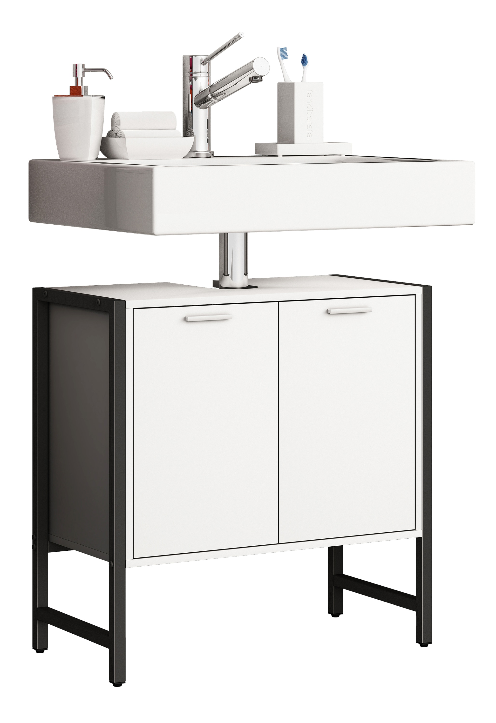 VCM Waschbeckenunterschrank »VCM Waschbeckenunterschrank | Badschrank | Maße: H. 60 x B. 60 x T. 30 cm | 2 Seitenteile aus Metall | Korpus aus Holz | 2 große Drehtüren - Edino«, (1 St.)