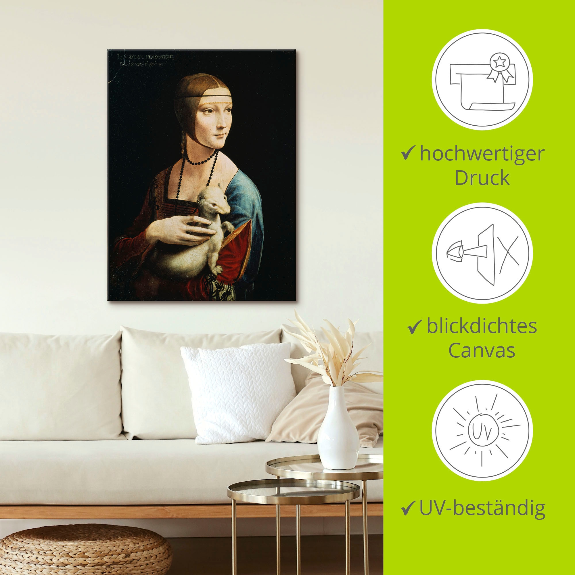 Artland Wandbild »Dame mit dem Hermelin Porträt«, Frau, (1 St.), als Leinwandbild, Poster, Wandaufkleber in verschied. Größen