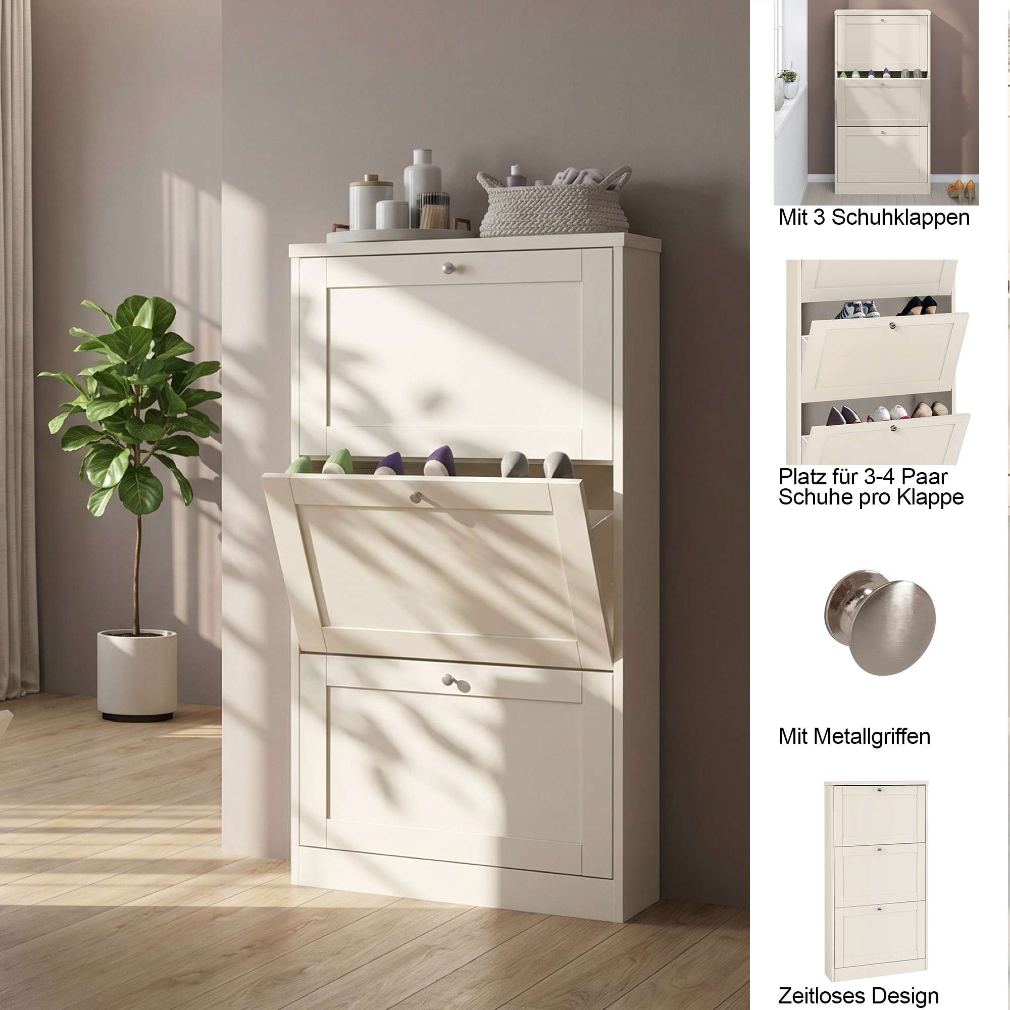 OTTO home Schuhschrank »Heide« Breite 70 cm, mit 3 Klappen und Facettenfront, Höhe ca. 130 cm