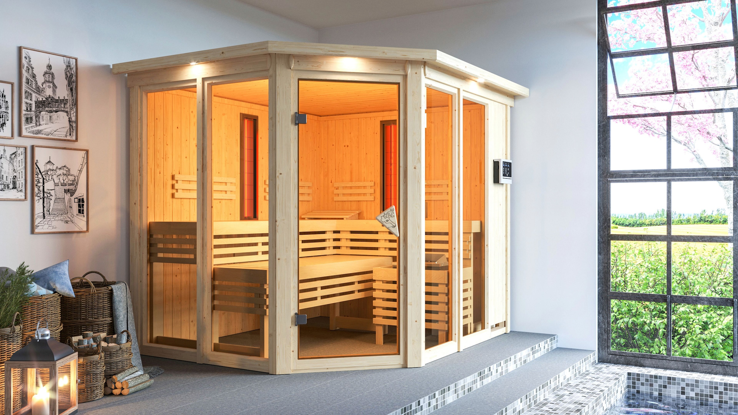 Karibu Sauna »Avril« Set,  Ofen 9 KW externe Strg easy