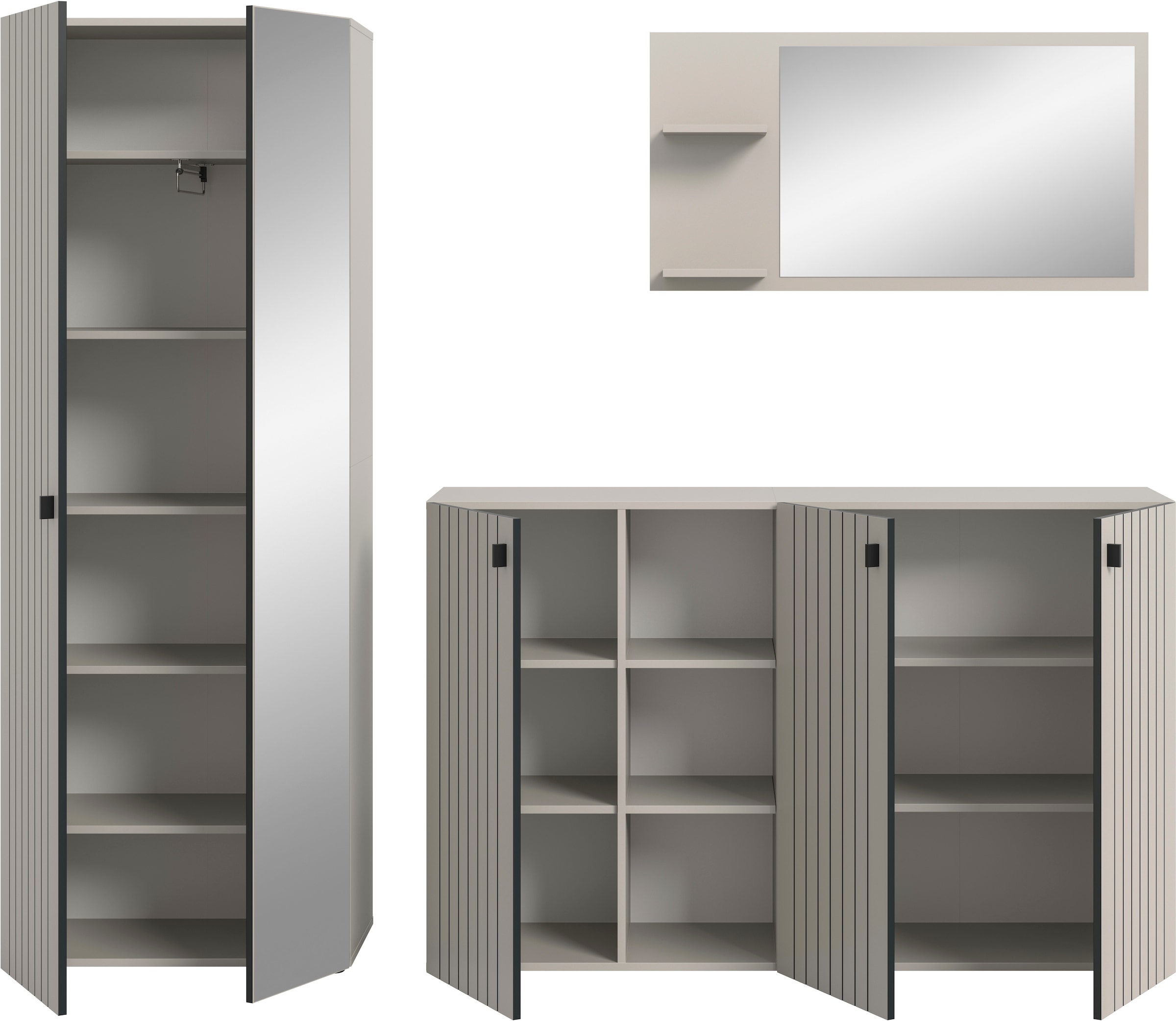 Home affaire Garderoben-Set »TATIO, 3-tlg. Garderobenkombination, Breite: 235 cm, Rillenfräsung« Set, Set, best. aus: 1 Garderobenschrank, 1 Garderobenspiegel, Schuhkommode, 3 Stk. tlg.