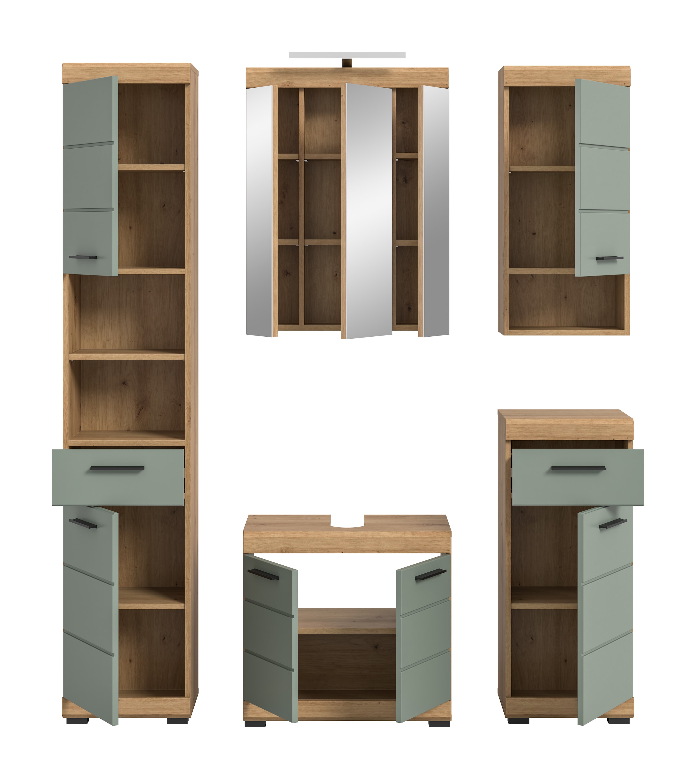INOSIGN Badmöbel-Set »Siena, 5 teilig, inklusive LED Beleuchtung, bestehend aus:«, (Set), Hochschrank, WBU, Spiegelschrank, Unterschrank, Hängeschrank