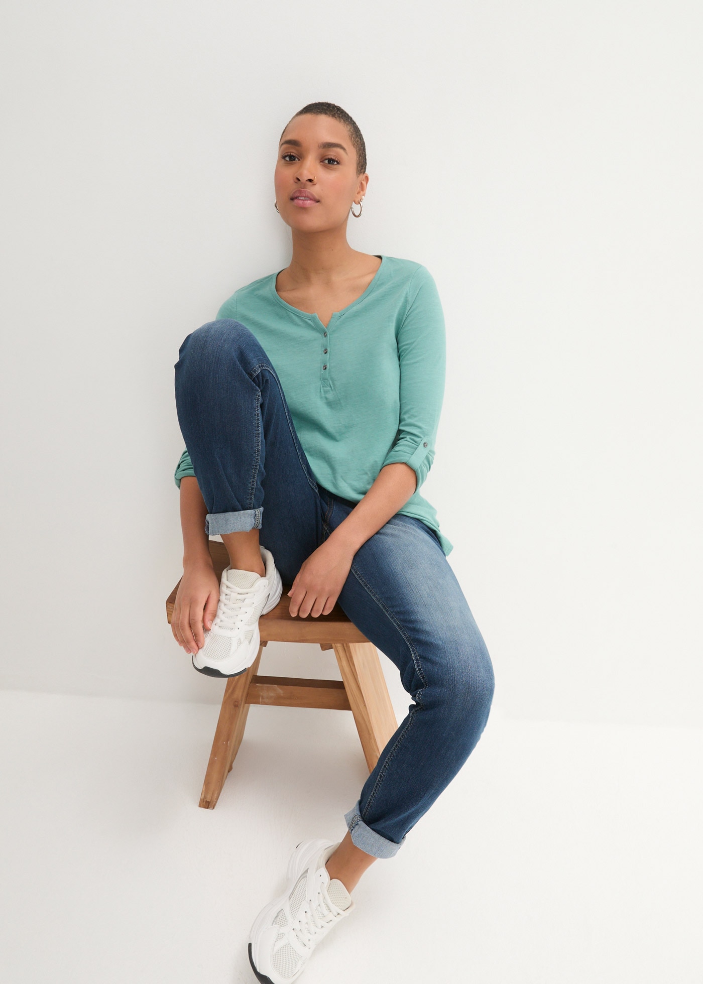 bonprix Langarmshirt 1 tlg. gerade Passform, Krempelärmel, Henley-Ausschnitt