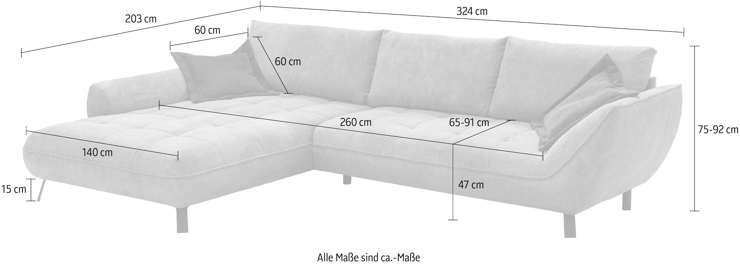 exxpo - sofa fashion Ecksofa »Biarritz modern und elegantes Mega Sofa mit tollem Sitzkomfort, L-Form«, XXL– Longchair Ecke in hochwertiger Verarbeitung, Stellmaße 324x203cm