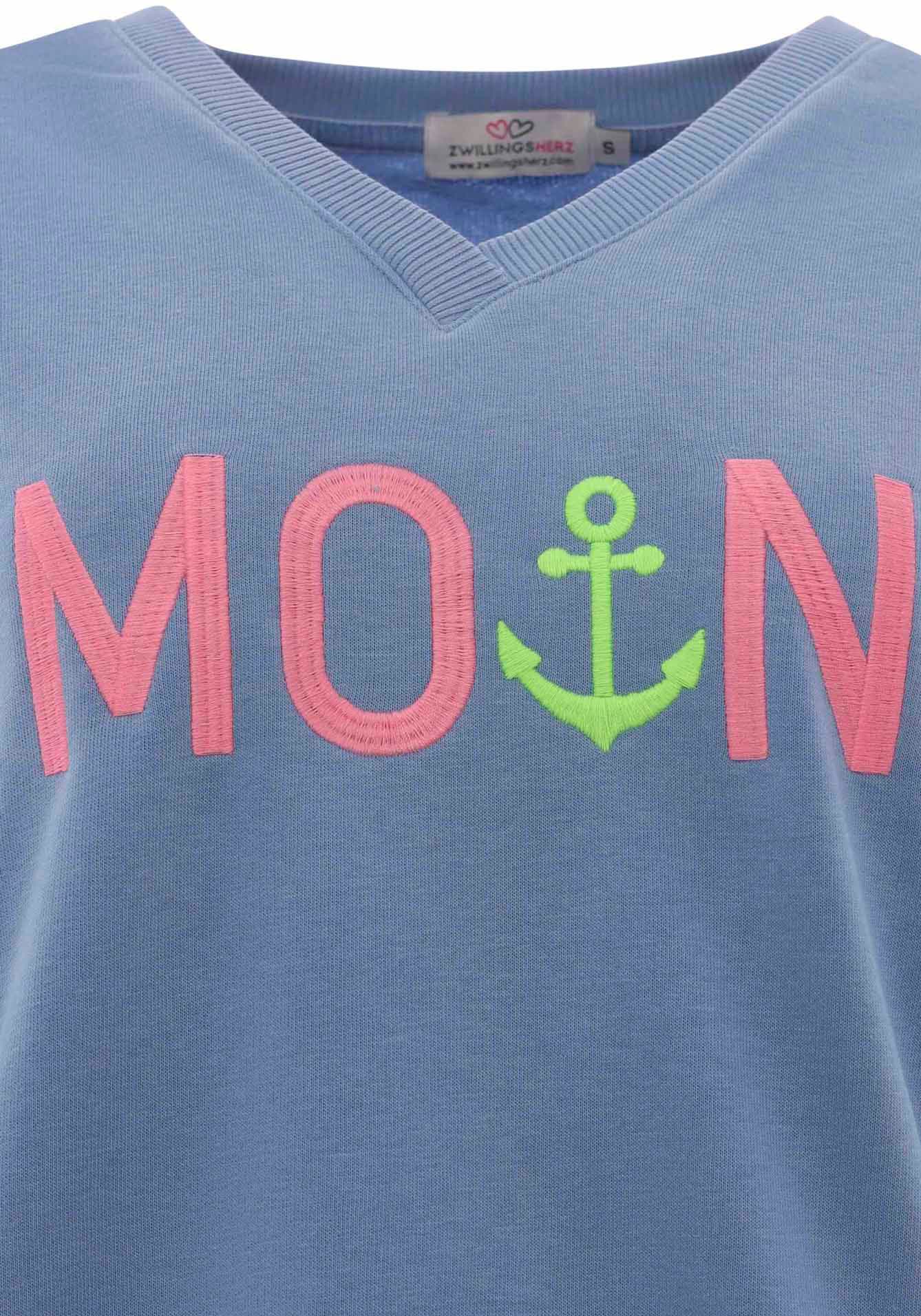 Zwillingsherz Sweatshirt, mit V-Ausschnitt und aufgesticktem "Moin" in Neonfarben