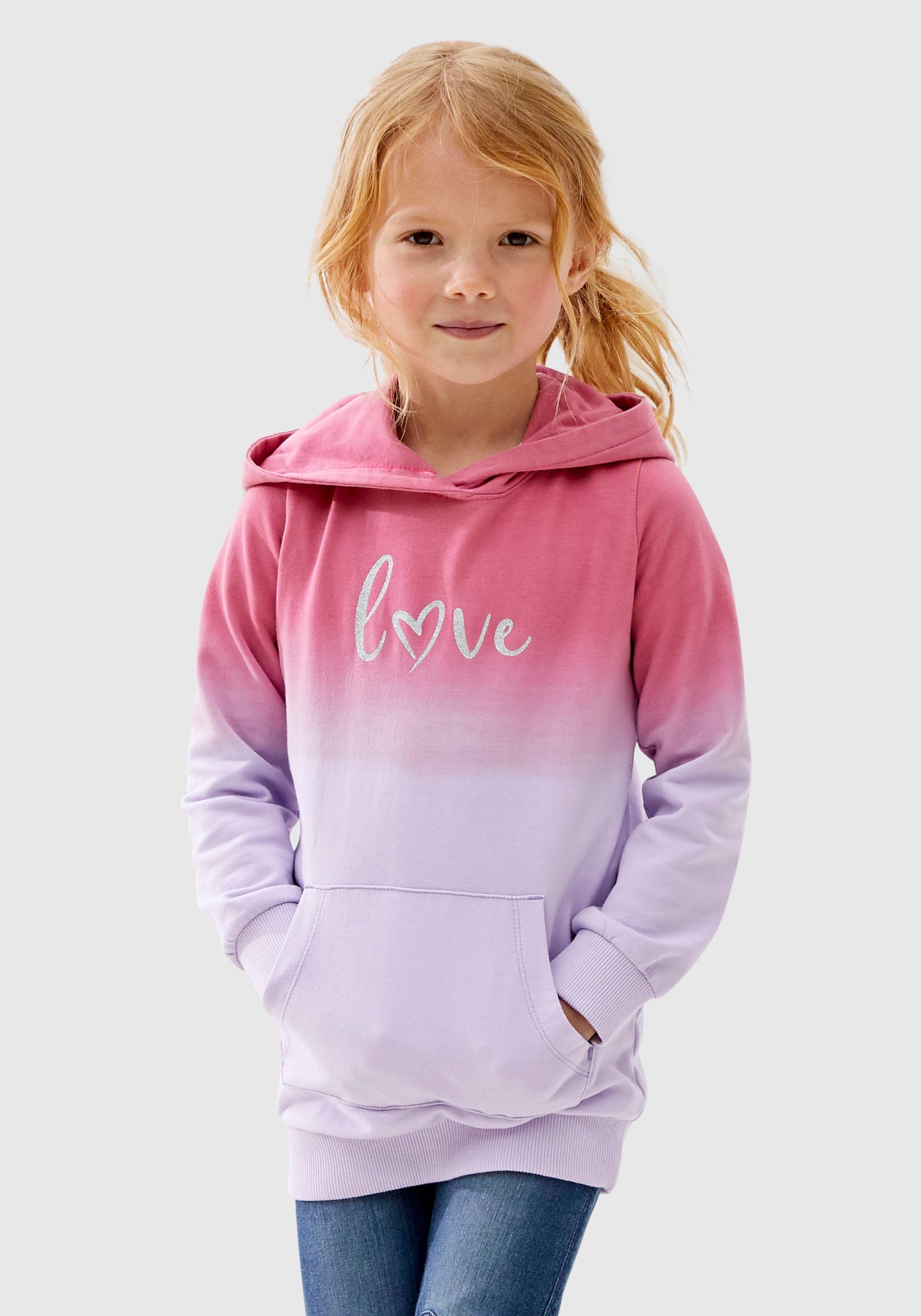 »LOVE«, KIDSWORLD Farbverlauf Kapuze im mit bei Longsweatshirt online OTTO