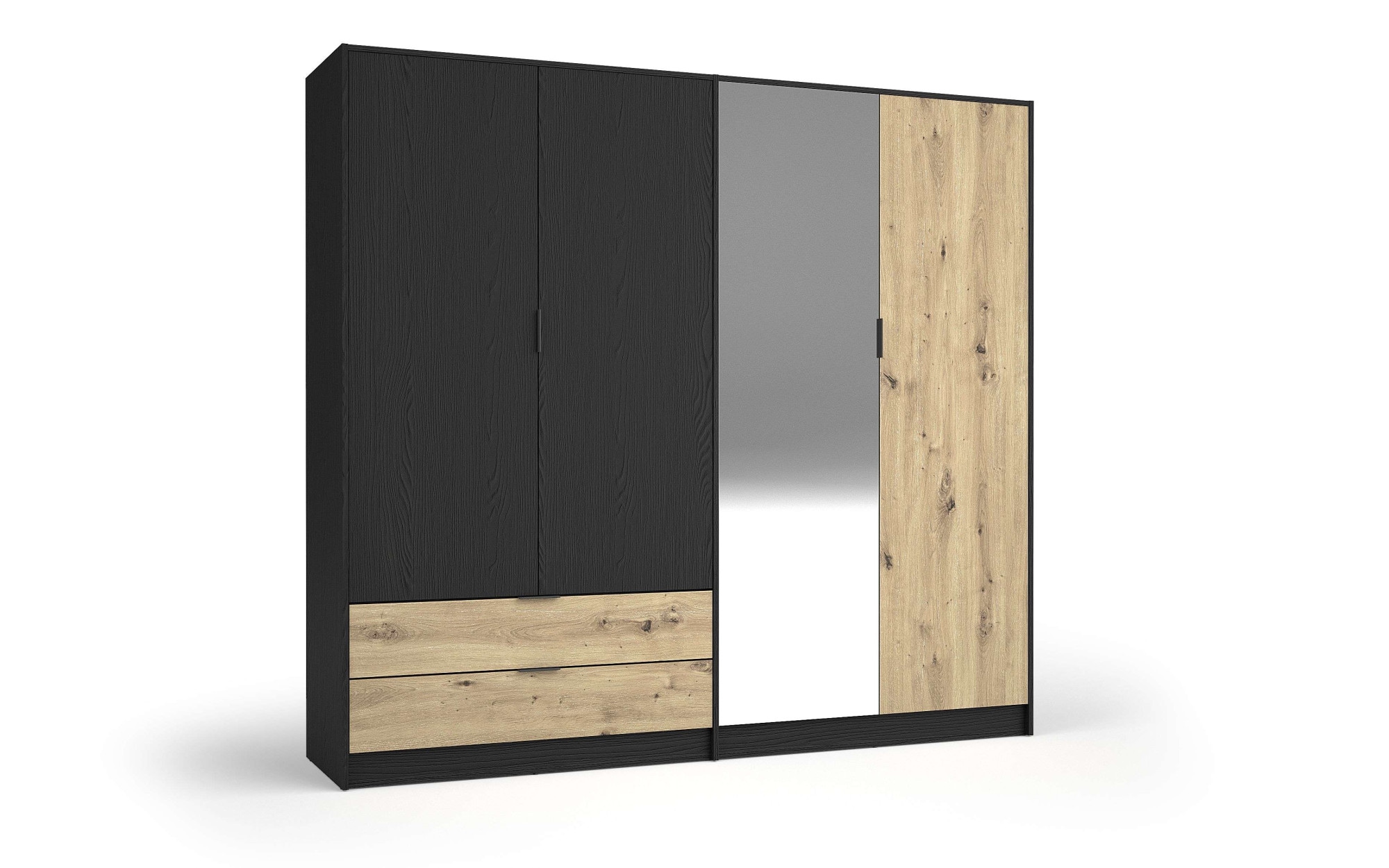 Home affaire Kleiderschrank »PERY mit Spiegel, 2 Schubladen, 4 Fächer und 2 Kleiderstangen« Garderobe mit 4 Türen und schwarzen Griffen, Maße B/T/H: 220/54/203cm