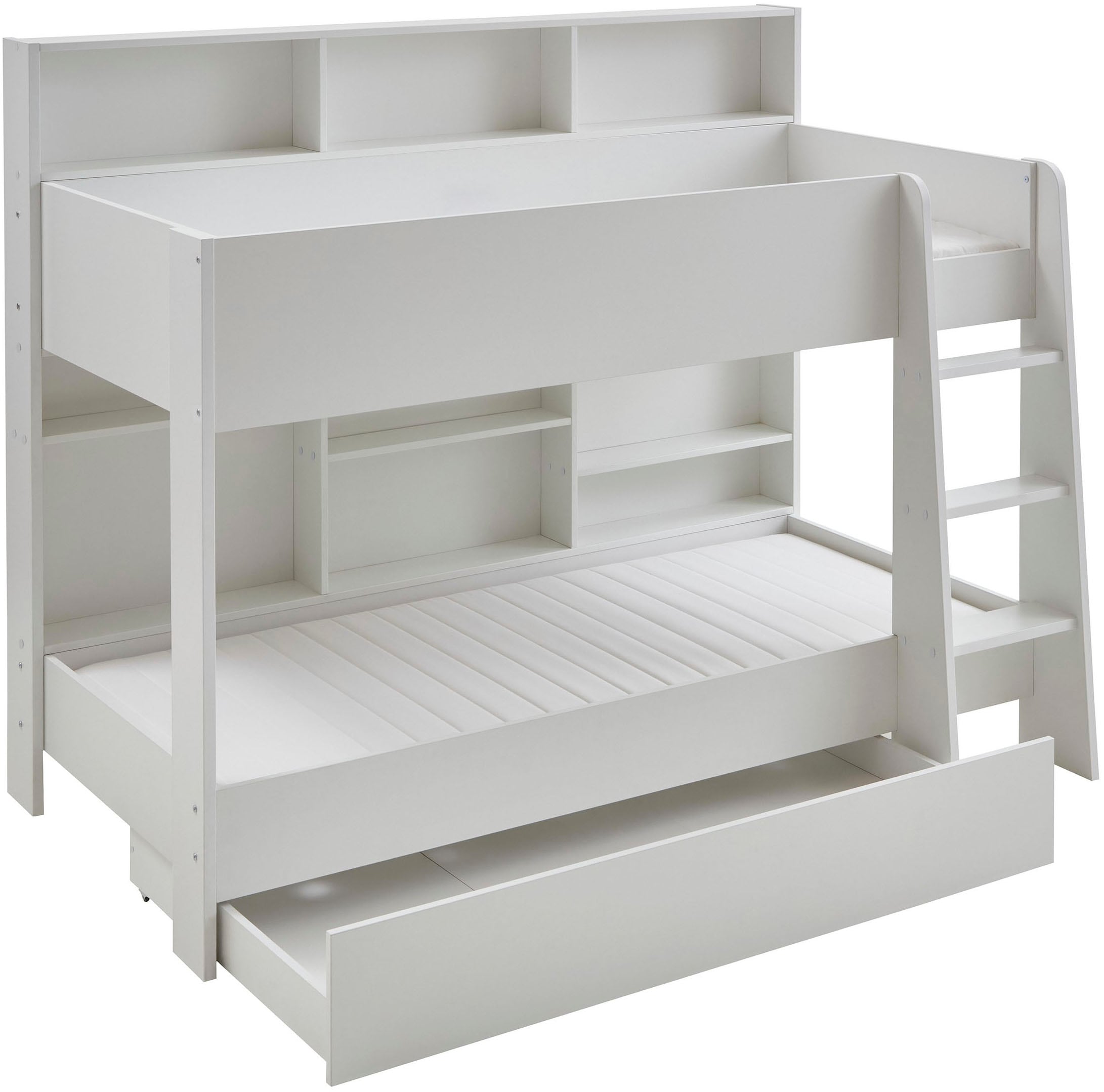 Relita Etagenbett »Sely, viel Funktion auf kleinem Raum, 2 Liegeflächen, modernes Design« viele Regalfächer an der Bettrückseite, inkl. Schublade auf Rollen,  viel Stauraum, pflegeleichte Melamin Oberfläche, 3 Farben zur Wahl