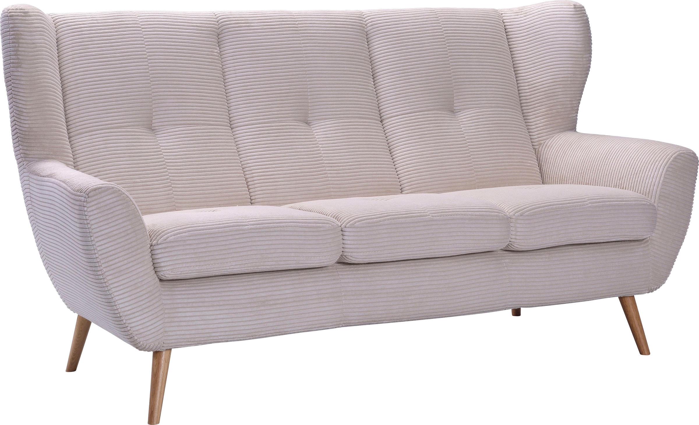 exxpo - sofa fashion 3-Sitzer »ALVESTA, Loungesofa, Küchensofa, hoher Sitzkomfort, Ohrenbackensofa«, gemütliche Rückenlehne, mit Knopfheftung und hohen Holzfüßen, in Cord