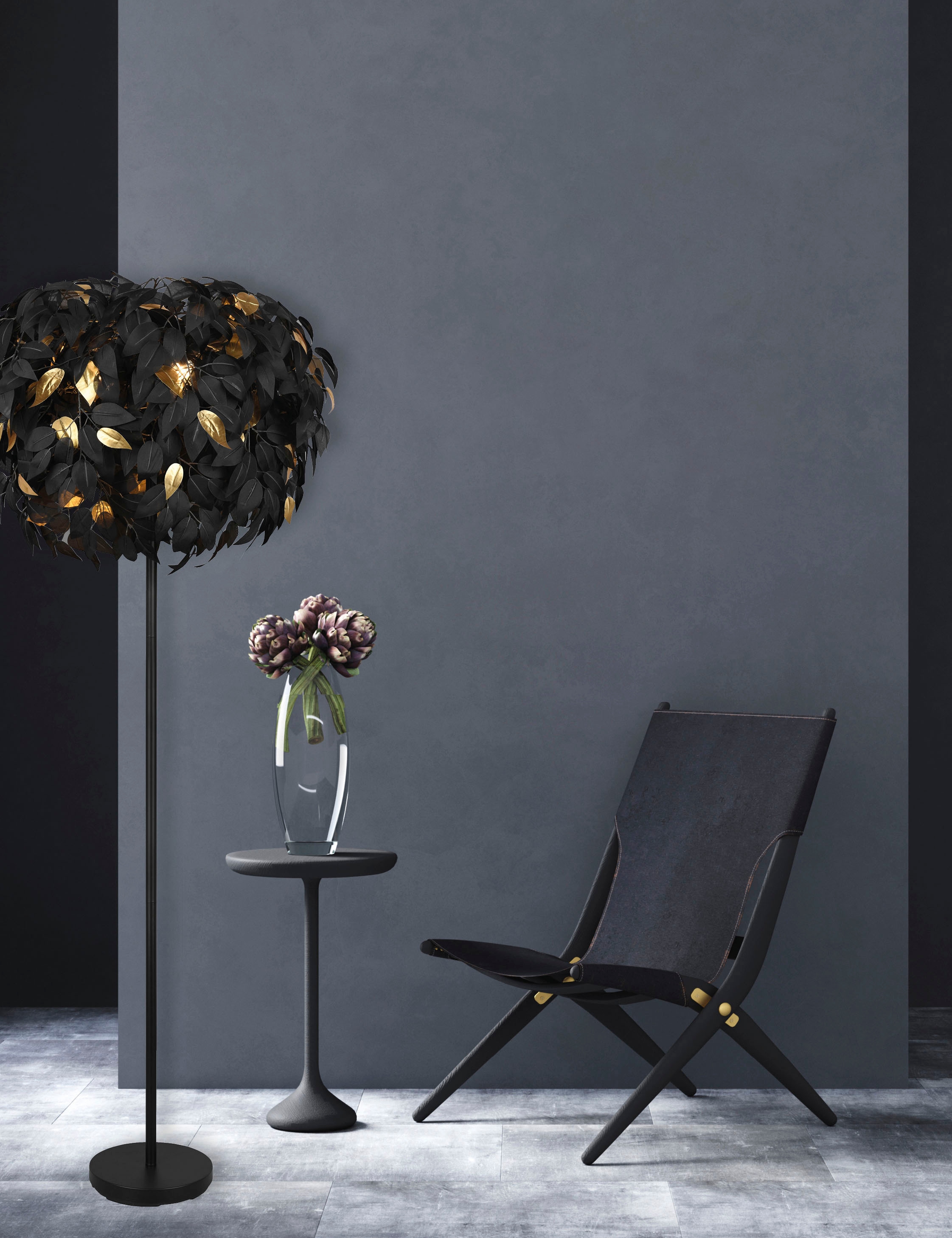 REALITY Leuchten Stehlampe »Leavy«, 3 flammig, Leuchtmittel E14 | ohne Leuchtmittel, Stehleuchte Blatt Design, Fußschalter, exkl 3xE14 max 28W