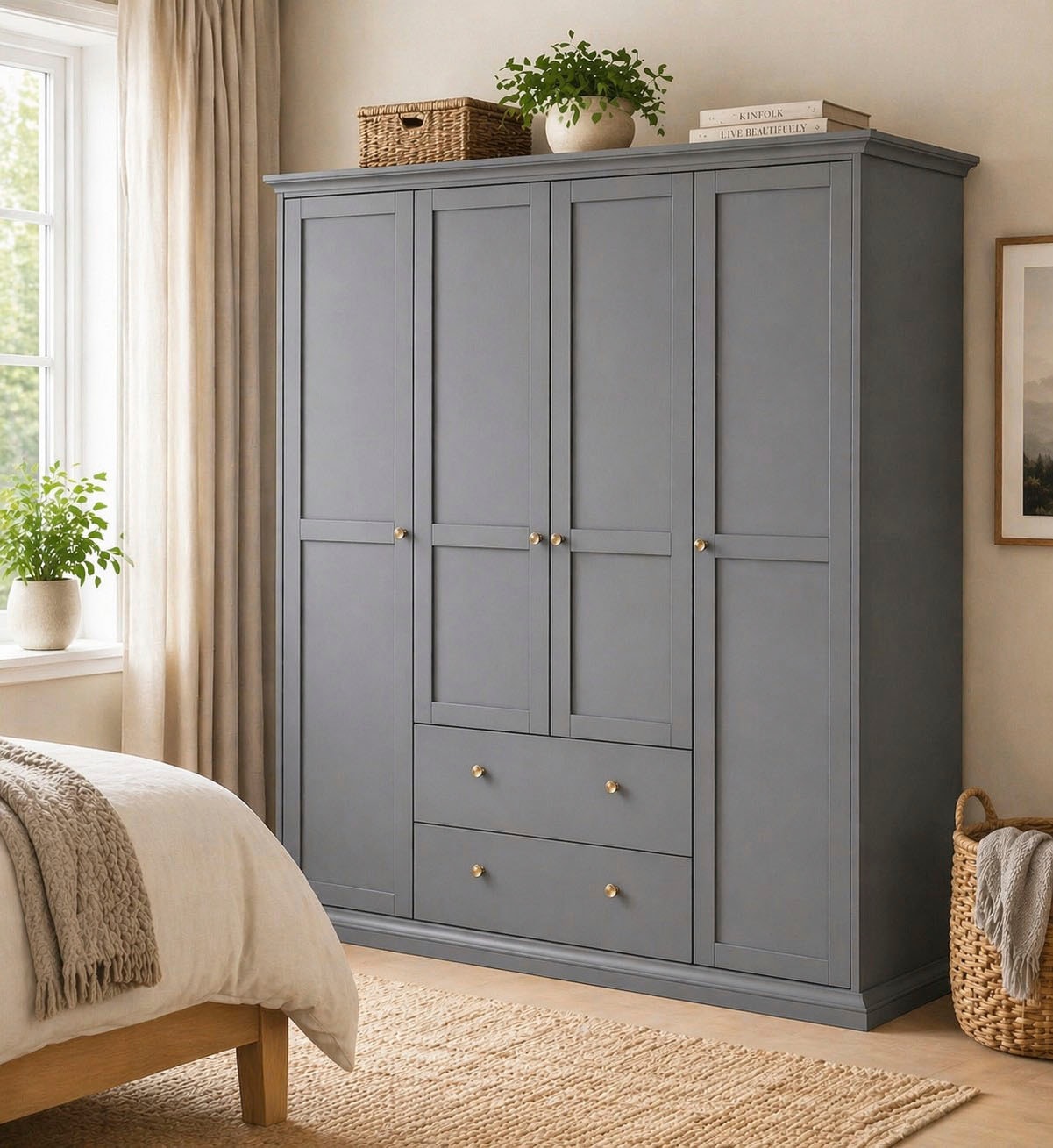 Home affaire Kleiderschrank »Paris im Landhausstil mit viel Stauraum, B/HT ca. 180x200x65 cm« 4 Türen, Böden, Stange & Schubladen für optimale Ordnung