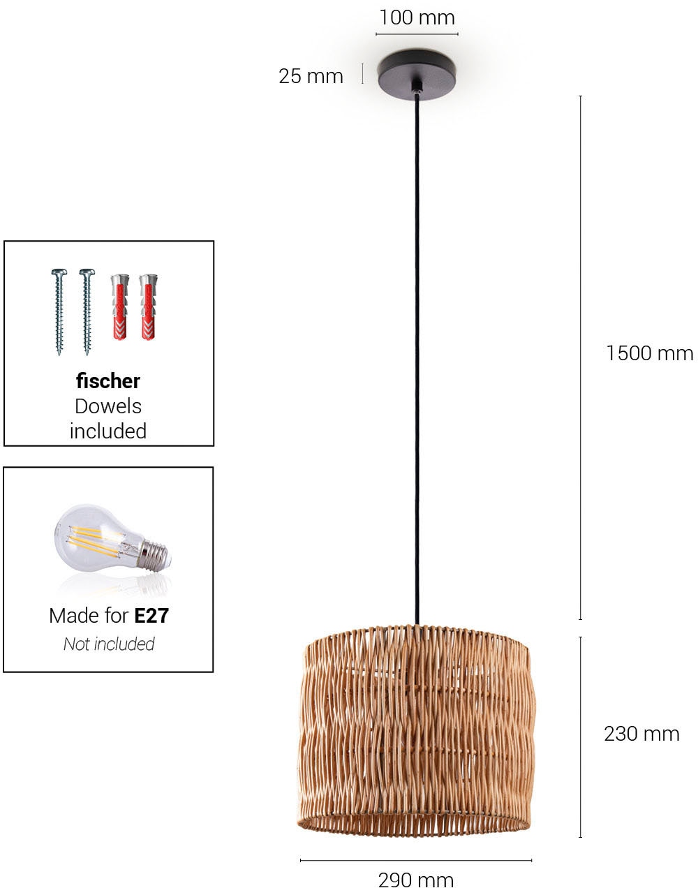 Paco Home Pendelleuchte »Hugo Luna«, Leuchtmittel E27 | ohne Leuchtmittel, Pendelleuchte Wohnzimmer Esszimmer Rattan Optik Boho Lampenschirm Korb