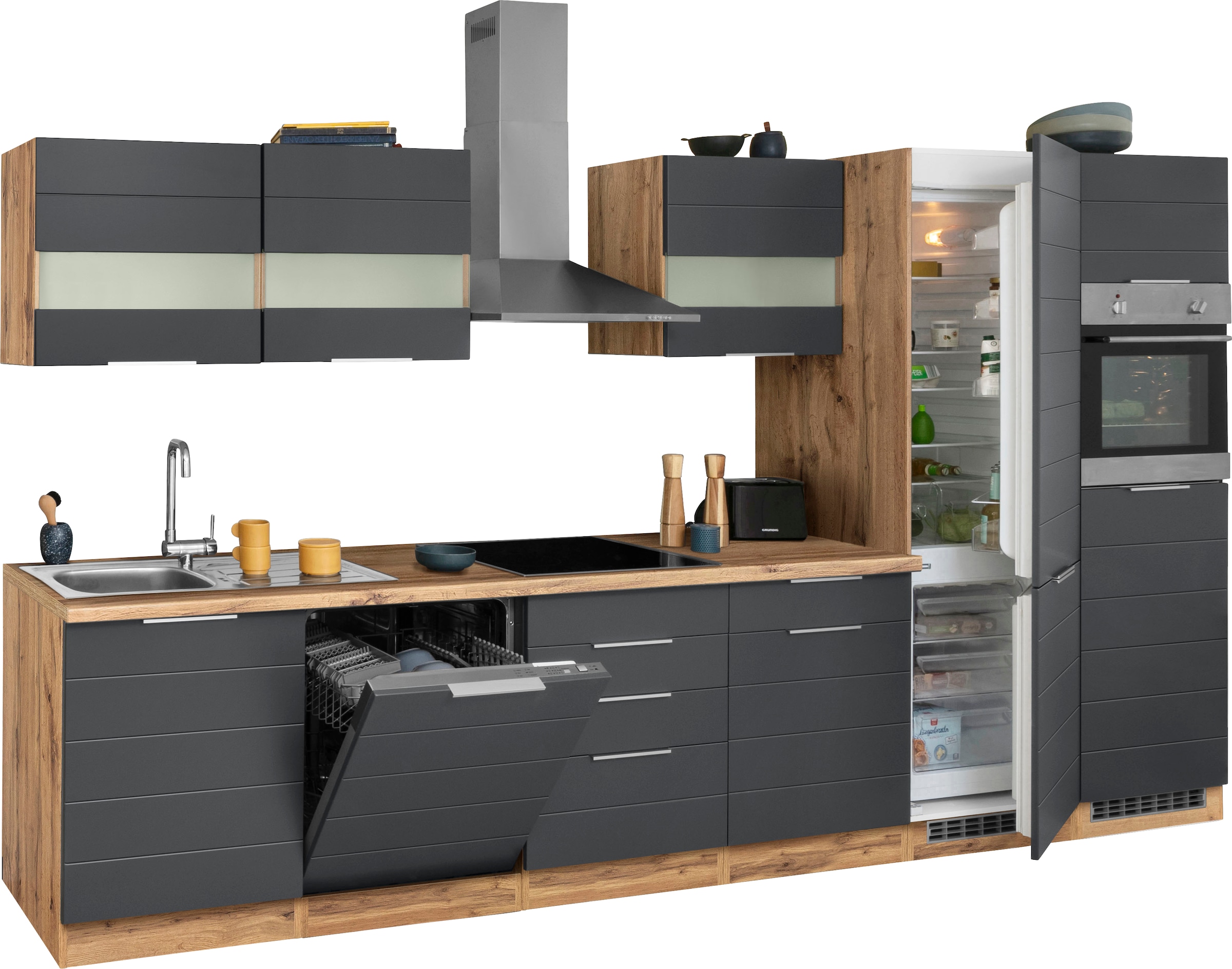 KOCHSTATION Küchenzeile »KS-Luhe« 360 cm breit, wahlweise mit oder ohne E-Geräten, gefräste MDF-Fronten