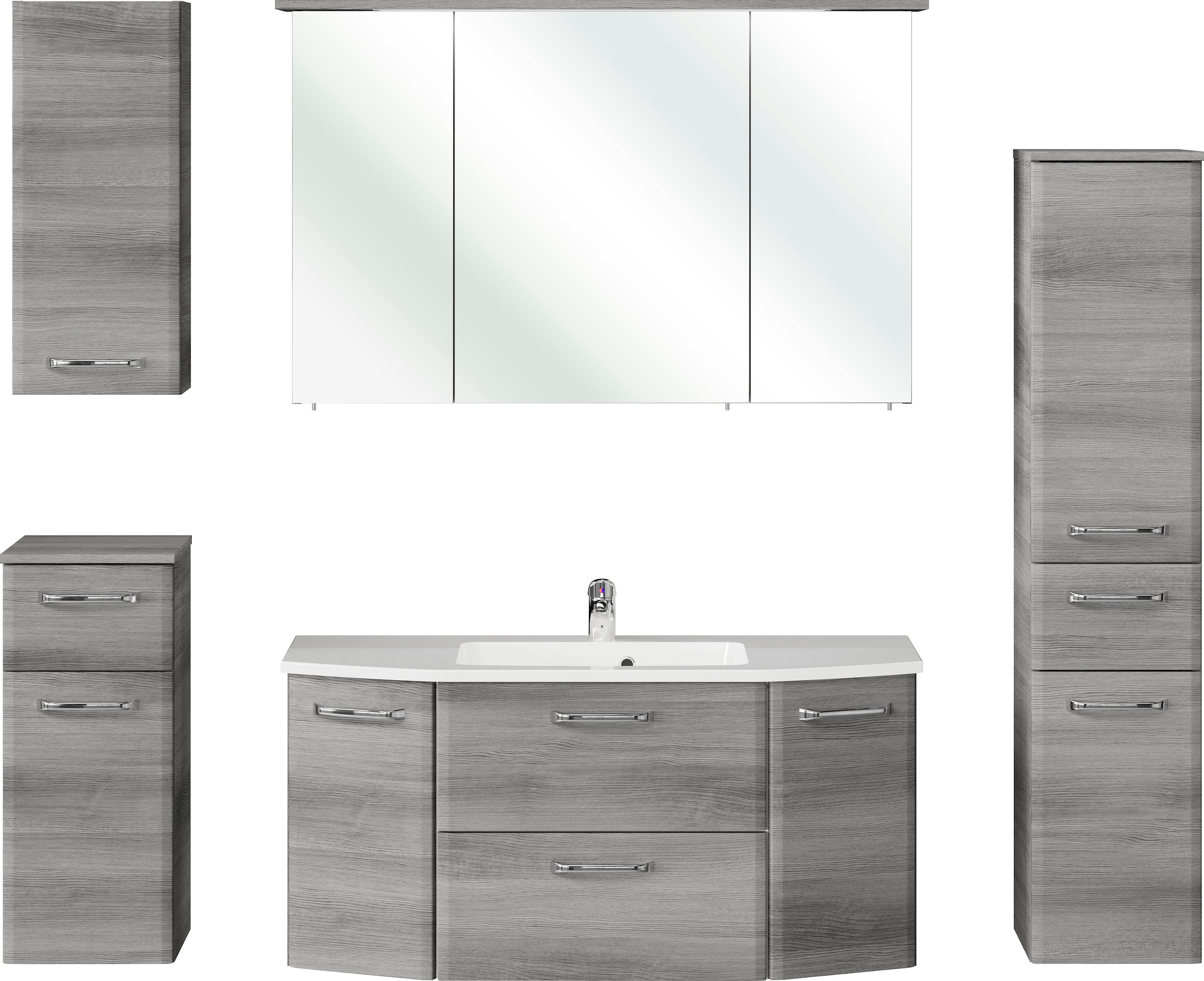 Saphir Badmöbel-Set »Quickset 5-teilig, Mineralmarmor-Waschtisch und LED-Spiegelschrank«, (6 St.), Midischrank, Unterschrank, Hängeschrank, inkl. Türdämpfer