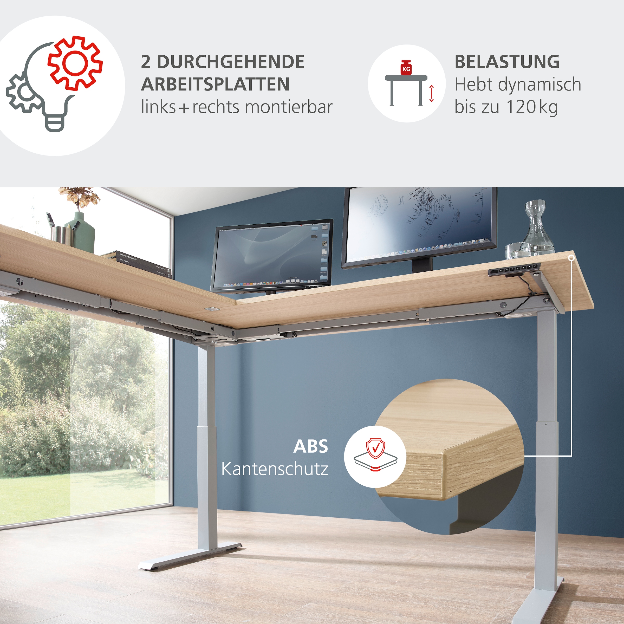 Innostyle Schreibtisch »Schreibtisch Santorin, 185/72/173 cm ( B/H/T)« 1 Stk. tlg. mit motor. Höhenverst. (72-120 cm) mit Memory-Funkt., li/re montierbar