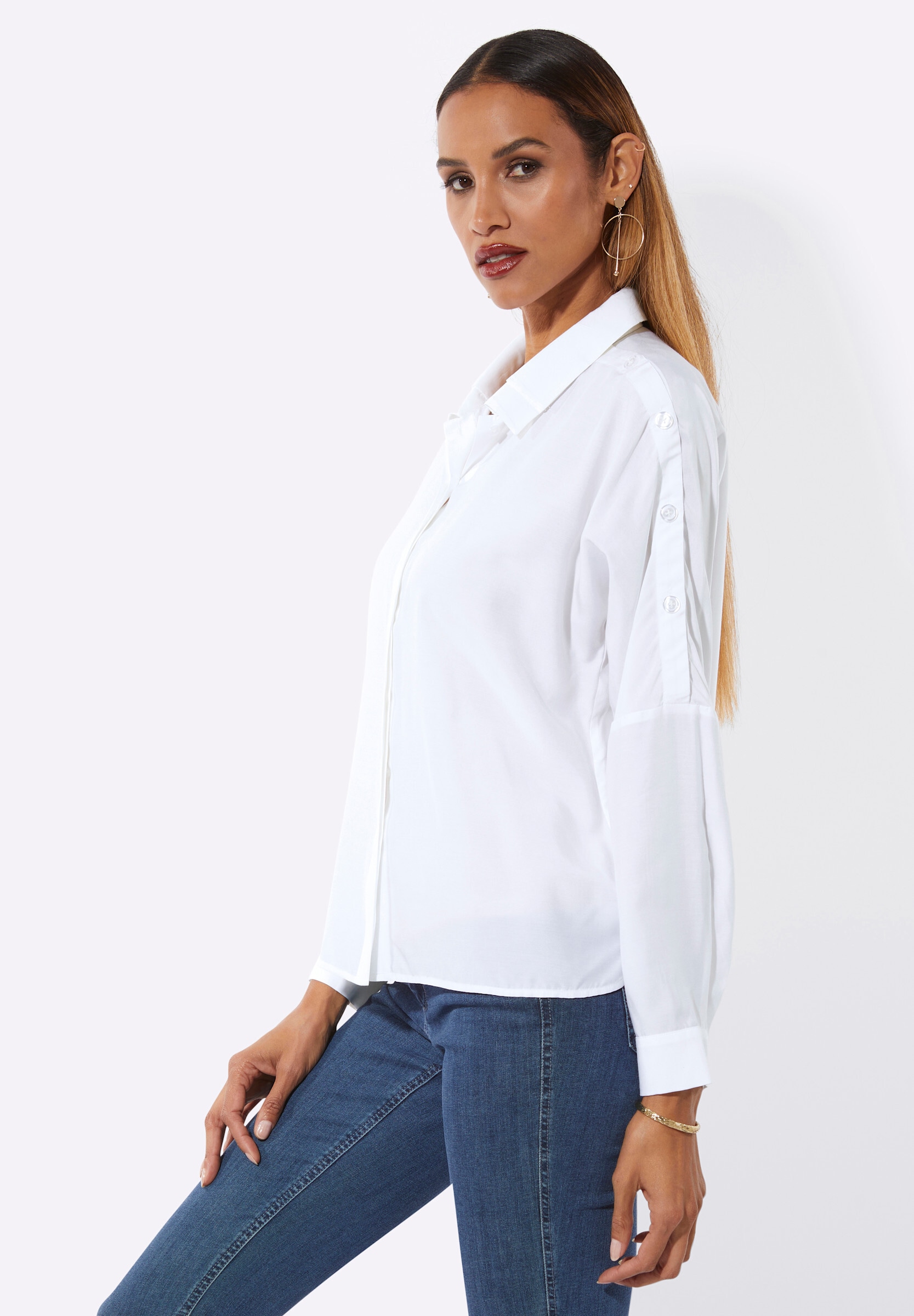 creation L Klassische Bluse »Seiden-Viskose-Longbluse Hemdbluse mit Fledermaus-Ärmeln«
