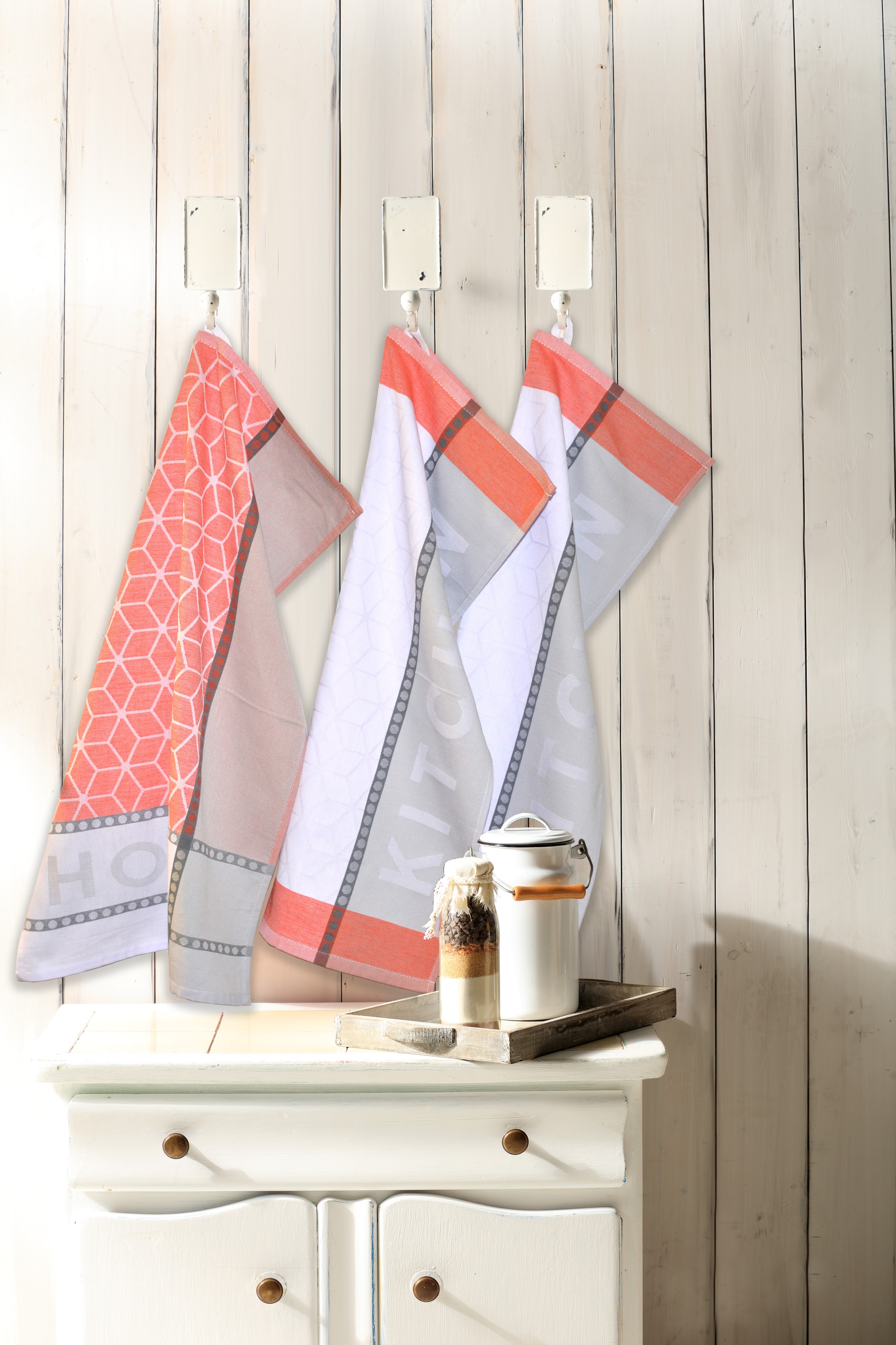 Dyckhoff Geschirrtuch »HOME & KITCHEN, Maße je Tuch ca. 50x70 cm, aus 100% Baumwolle«, (Set, 3 tlg.), mit zwei verschiedenen Motiven