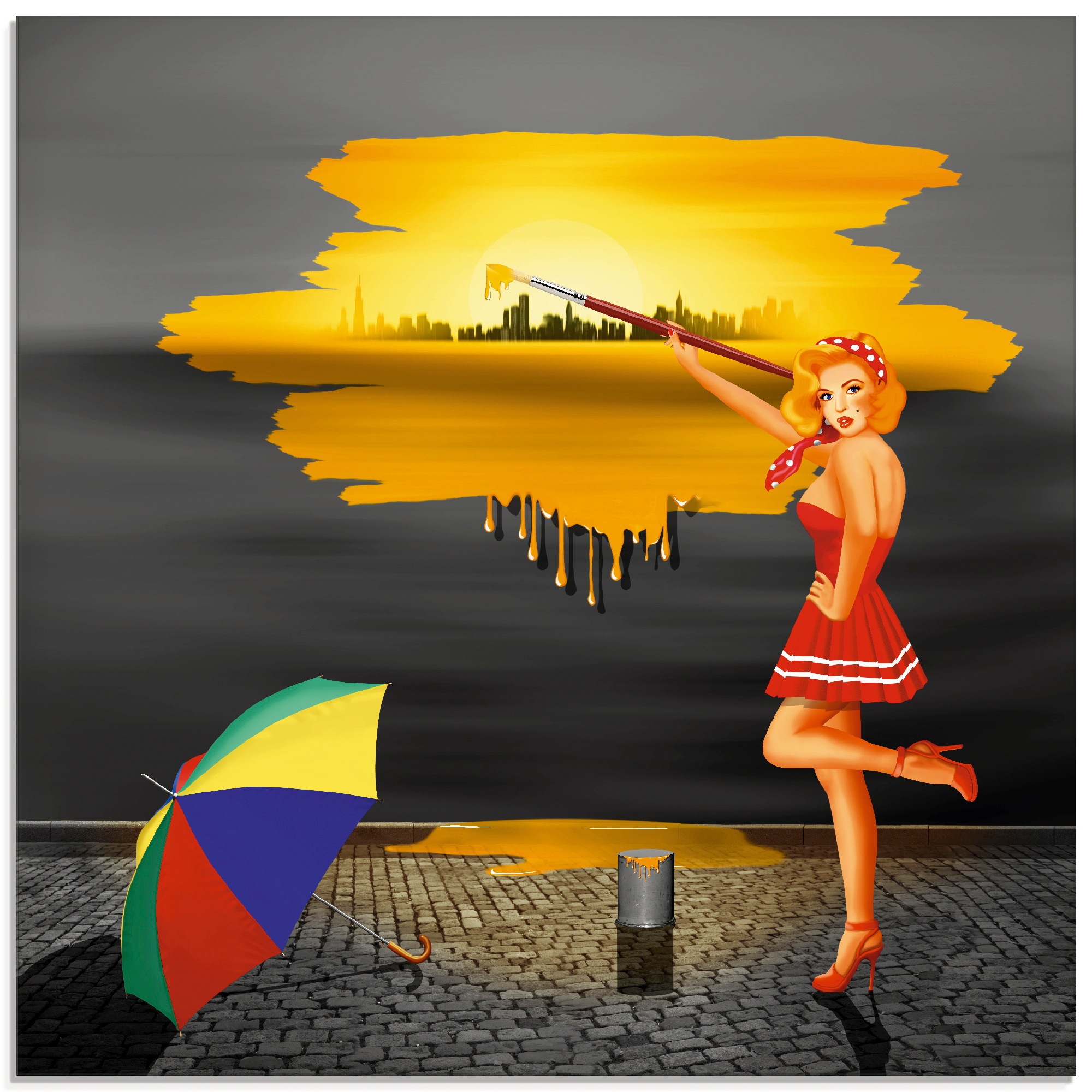 Artland Glasbild »Ein Künstler malt sein Leben bunt«, Frau, (1 St.)