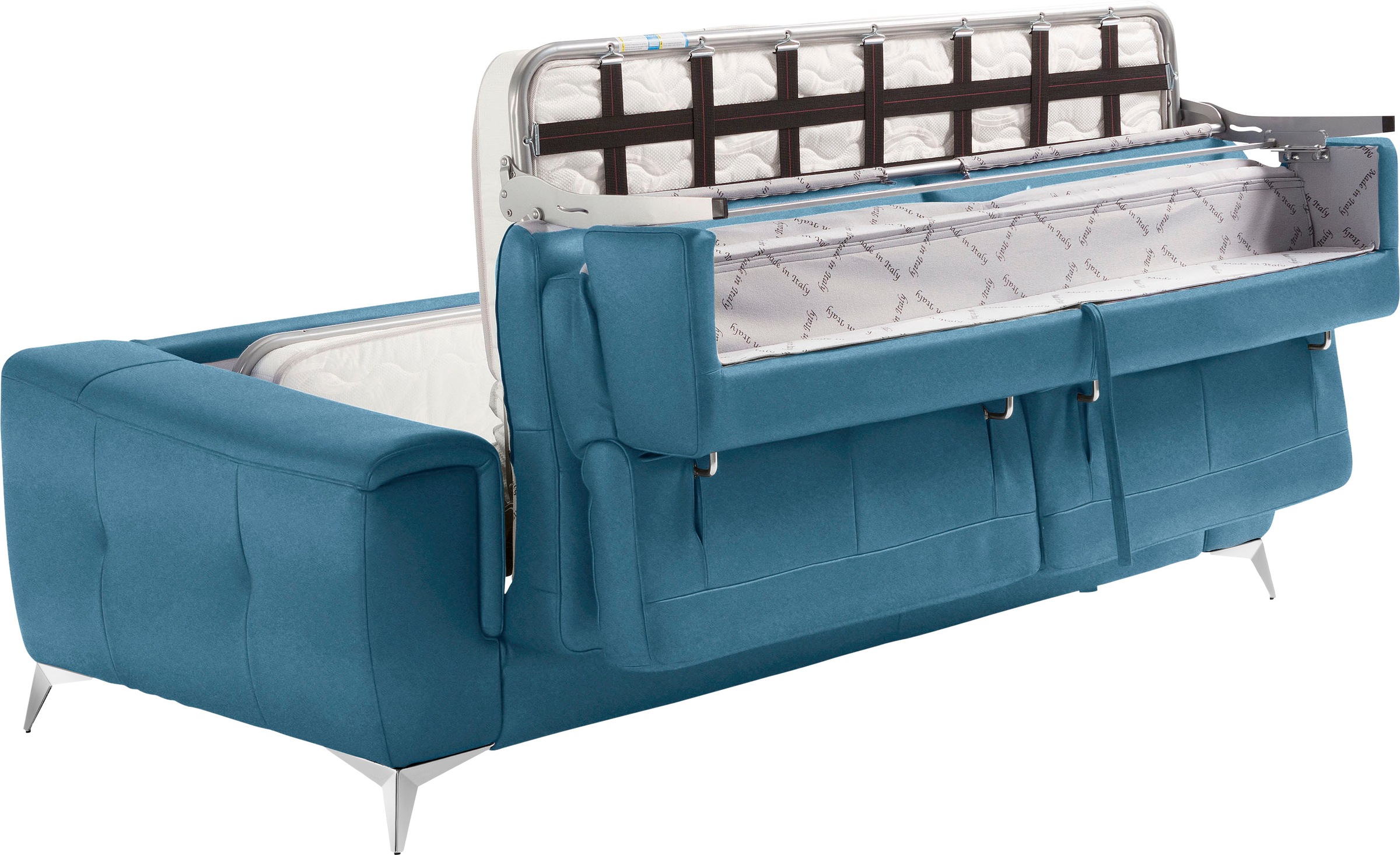 Egoitaliano Schlafsofa »Francine Designsofa, Loungesofa mit Dauerschlaffunktion, Breite 233 cm«, Bettfunktion, Luxus-Microfaser Lederoptik, ozeanblau, Fußfarbe chrom