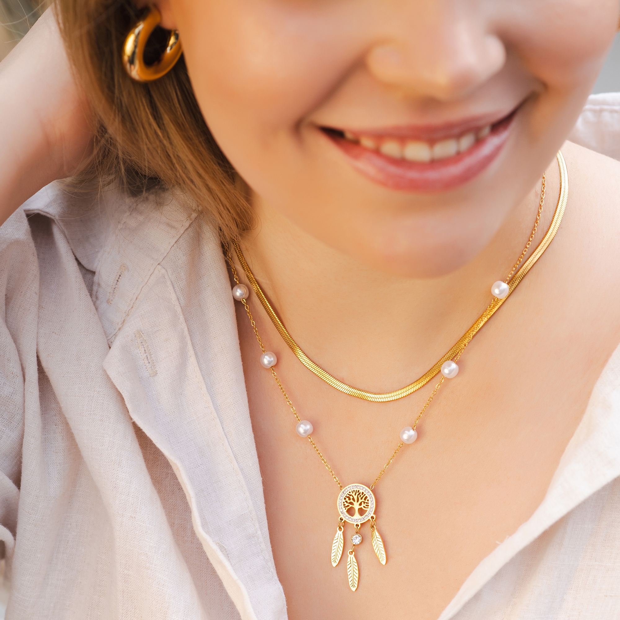 Adelia´s Schlangenkette »Damen Halskette ¿ Schlangenkette Lebensbaum aus Edelstahl mit Perle 40 cm«