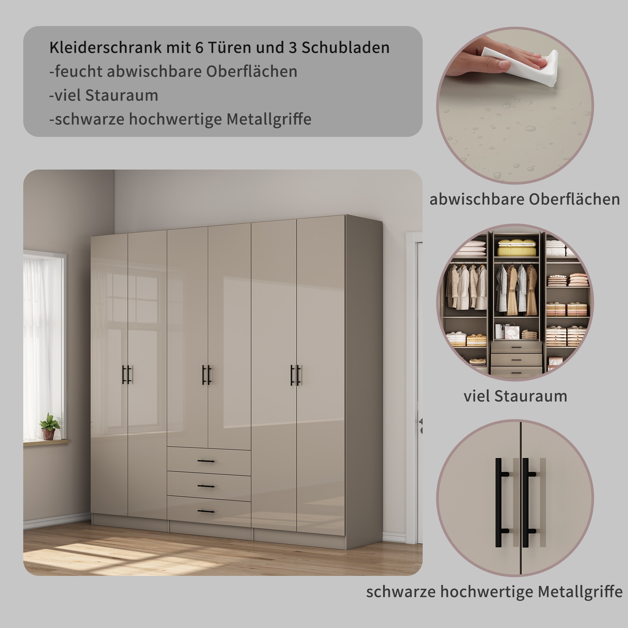 OTTO home Kleiderschrank »Trento Schlafzimmerschrank Garderobe hochglanz« in 2 unterschiedlichen Schrankhöhen wählbar,  Schrank mit 6 Türen und 3 Schubladen, hochglanz Fronten, Höhe 2,39m