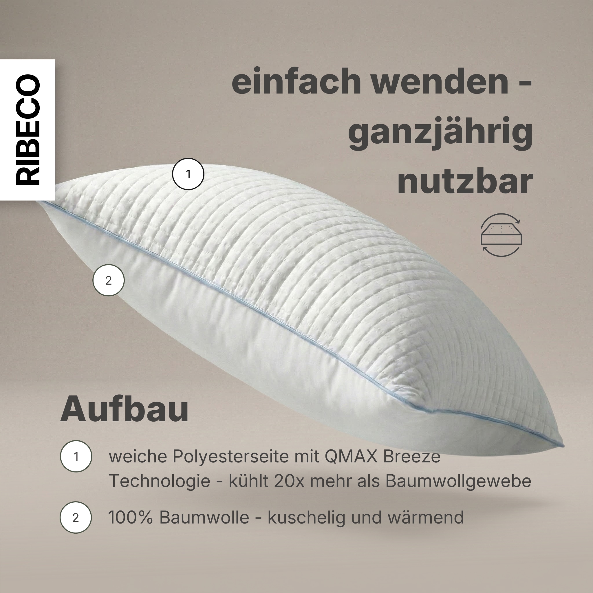 RIBECO Kopfkissen »Olaf, 40x80 & 80x80 cm erhältlich« Füllung: Polyester 1 Stk. tlg. mit kühlender Sommer- und weicher Winterseite!
