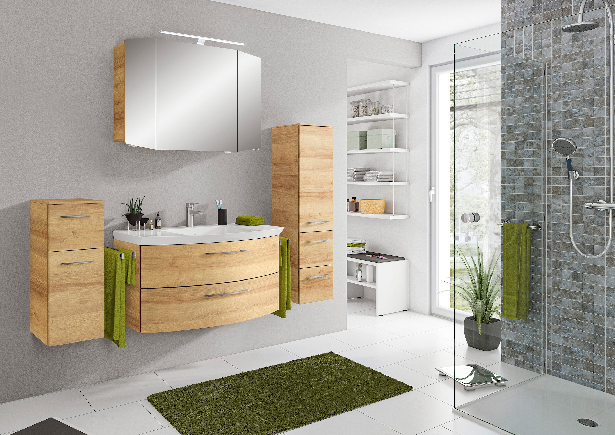 Saphir Badezimmer-Set »Cassca Sprint 4-teilig Mineralmarmor-Waschtisch mit LED-Spiegelschrank«, (5 St.), Midischrank, Unterschrank, inkl. Türdämpfer, 5 Türen, 5 Schubladen