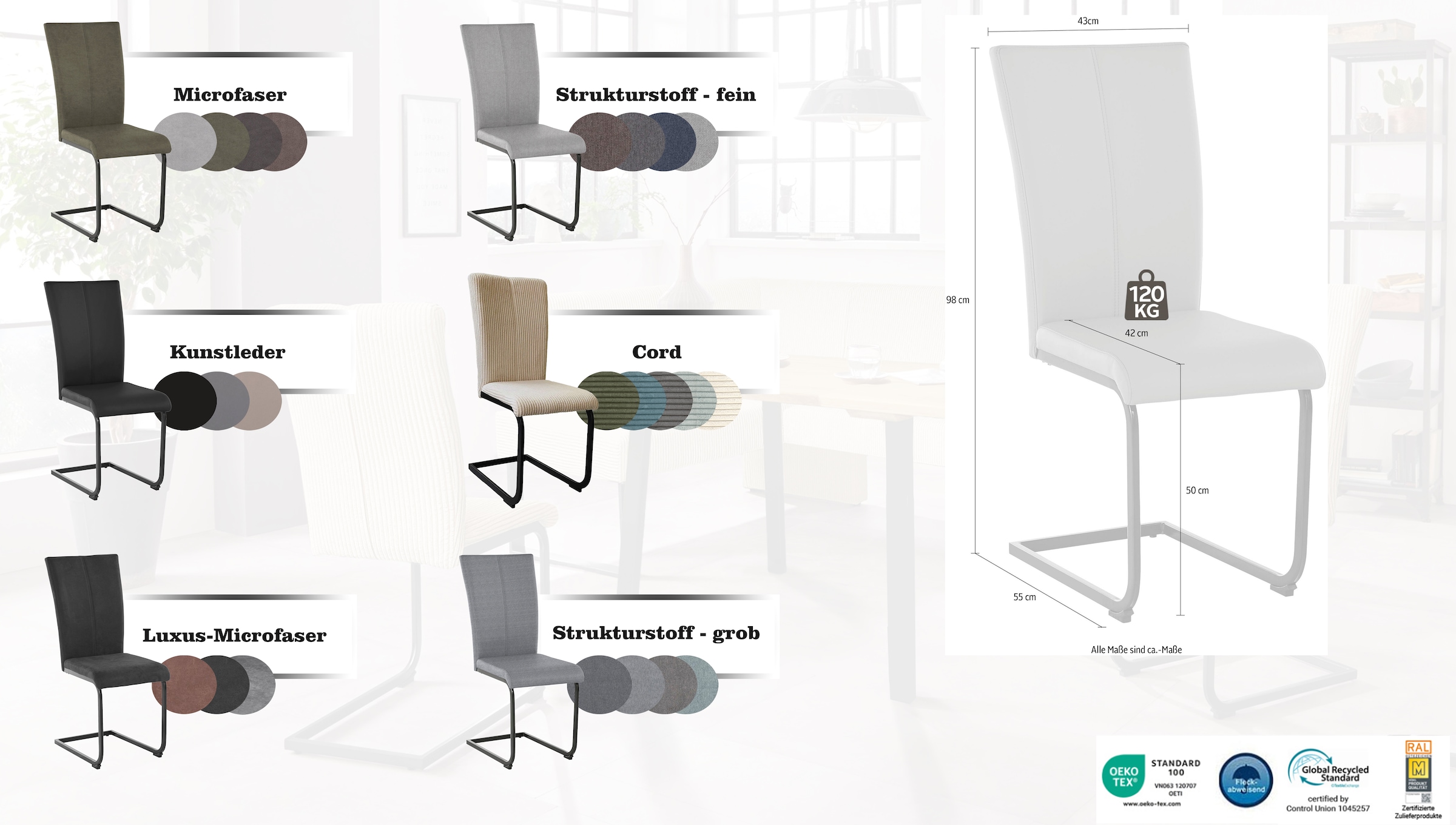 Home affaire Freischwinger »Oliver«, (Set), 2 St., Cord, Stuhl belastbar bis 120 Kg