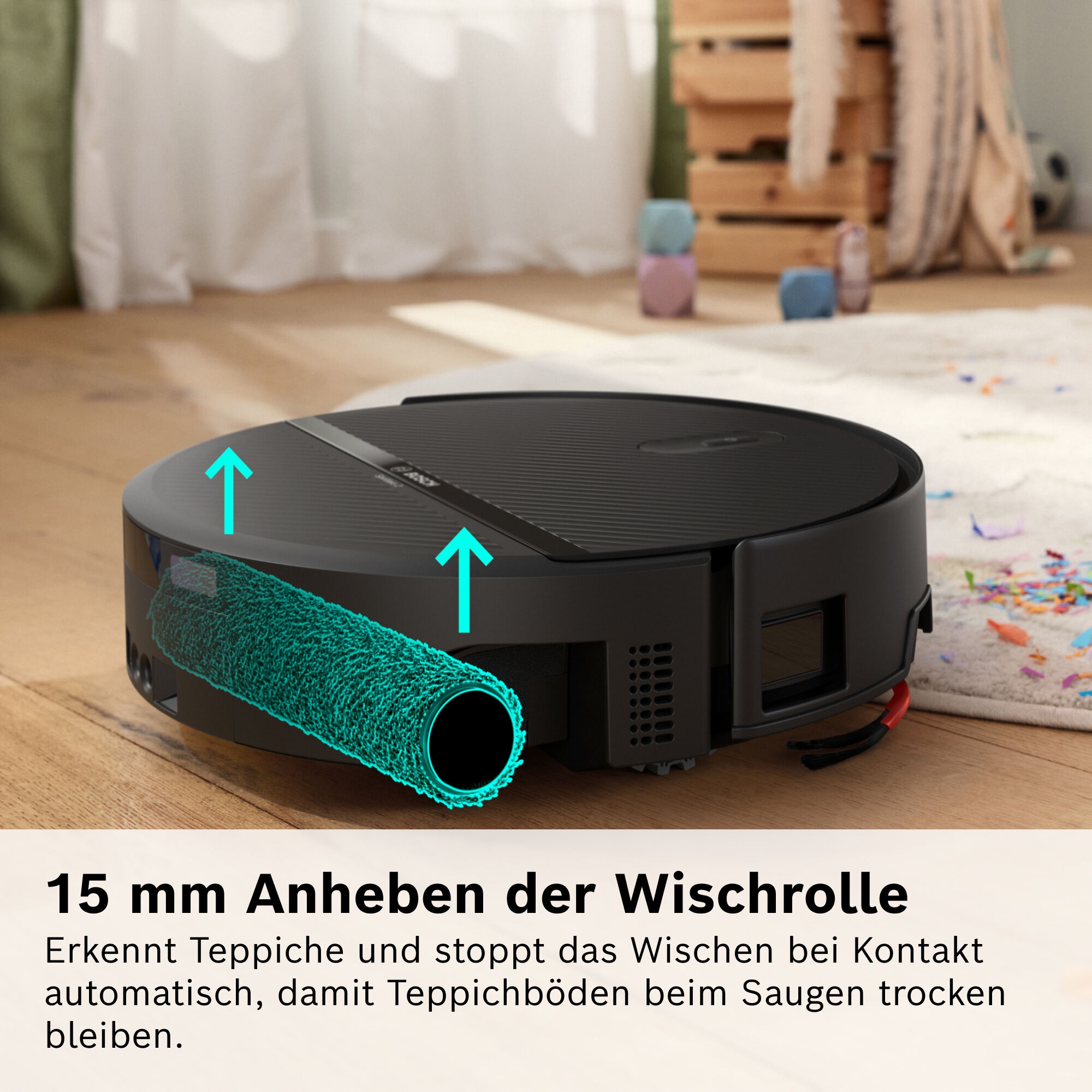 BOSCH Saugroboter »mit Wischfunktion Spotless 2 Advanced BCR2S2BX/BCR2S2WX« ausfahrbare Wischrolle, 27.000 Pa Saugkraft, smarte Fleckenentfernung