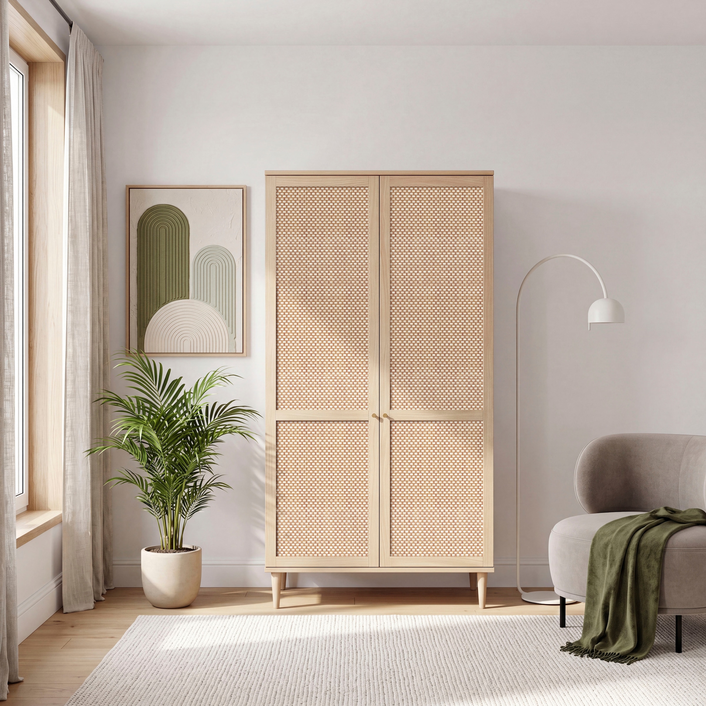 OTTO home Kleiderschrank »ELLIAN mit natürlicher Geflechtoptik und warmem Holzdekor« Holzfüße, Metallgriffe, Made in EU, viel Stauraum, FSC® zertifiziert