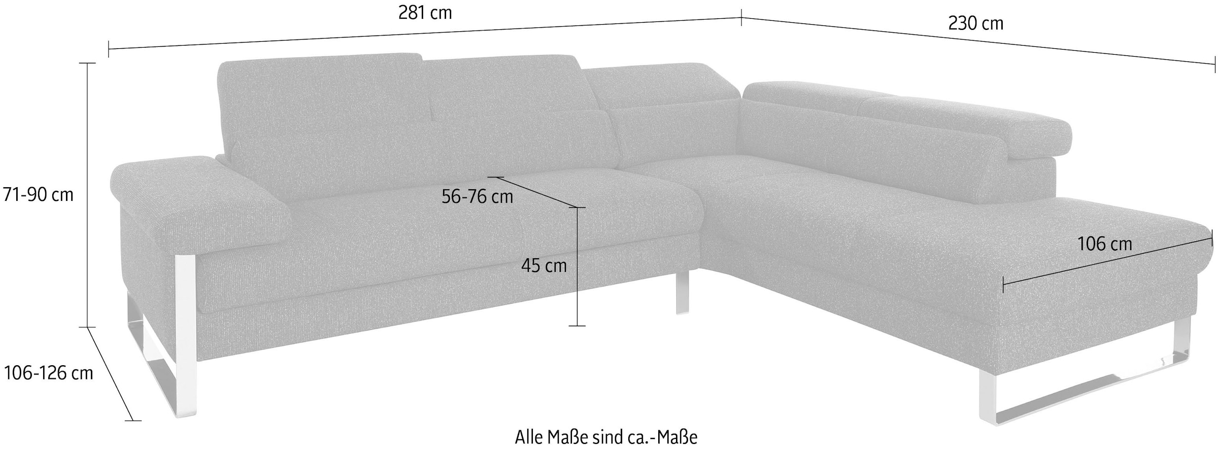 W.SCHILLIG Ecksofa »finn«, German Design Award 2016, Fußgestell Chrom glänzend, Breite 281 cm