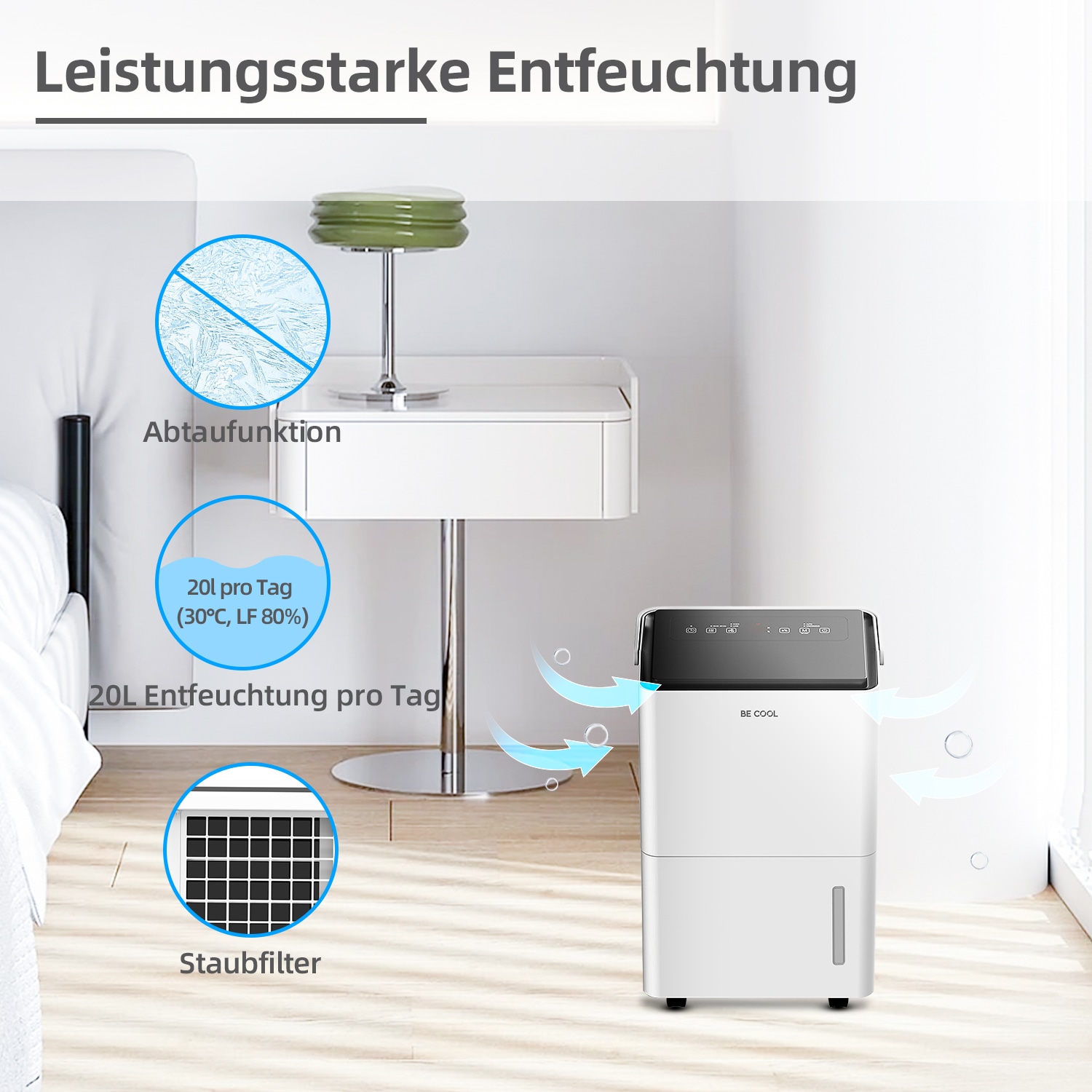 be cool Luftentfeuchter »BC20LEF2301«, für 50 m³ Räume, Entfeuchtung 20 l/Tag, Tank 4 l