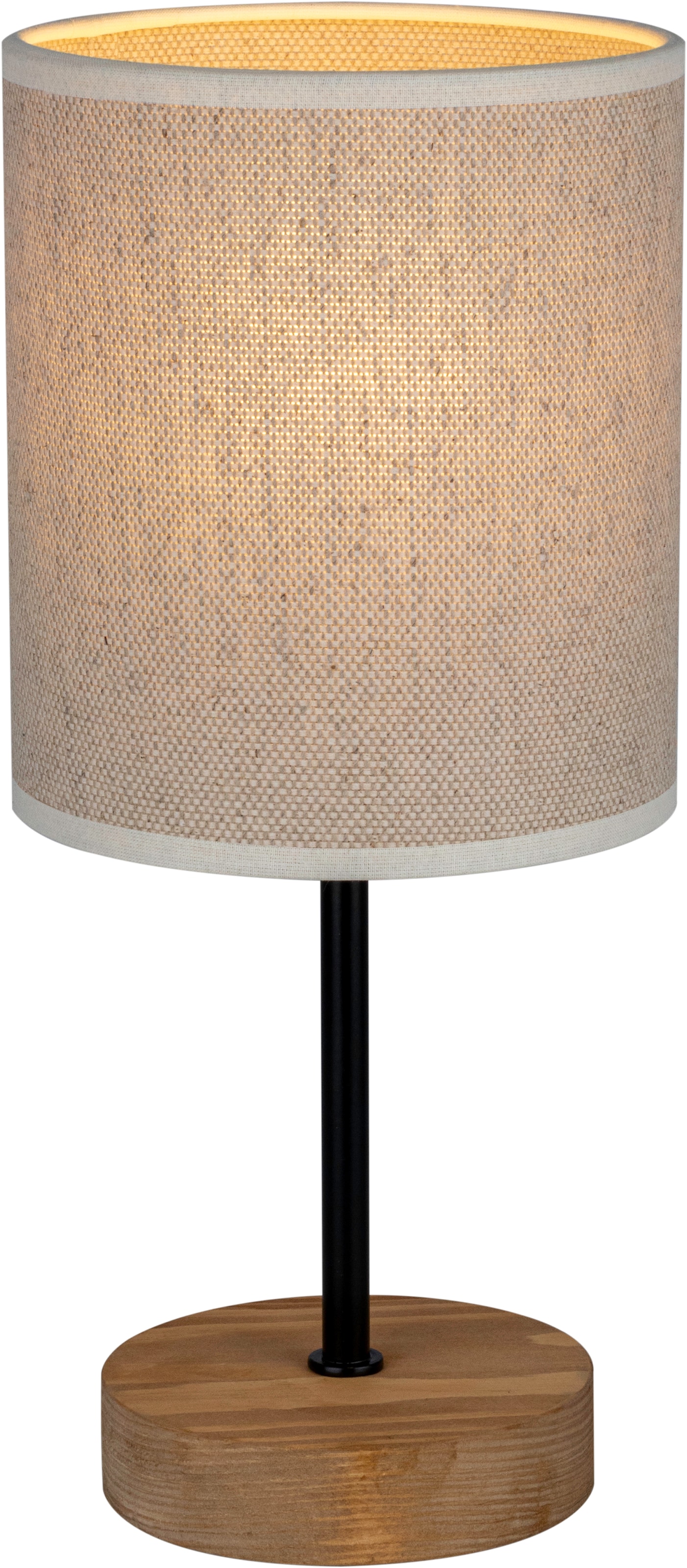 OTTO products Tischleuchte »Emmo, Made in Europe«, 1 flammig, Leuchtmittel E27 | ohne Leuchtmittel, Tischlampe, hochwertiger Textilschirm, Leuchtenfuß aus Holz und Metall