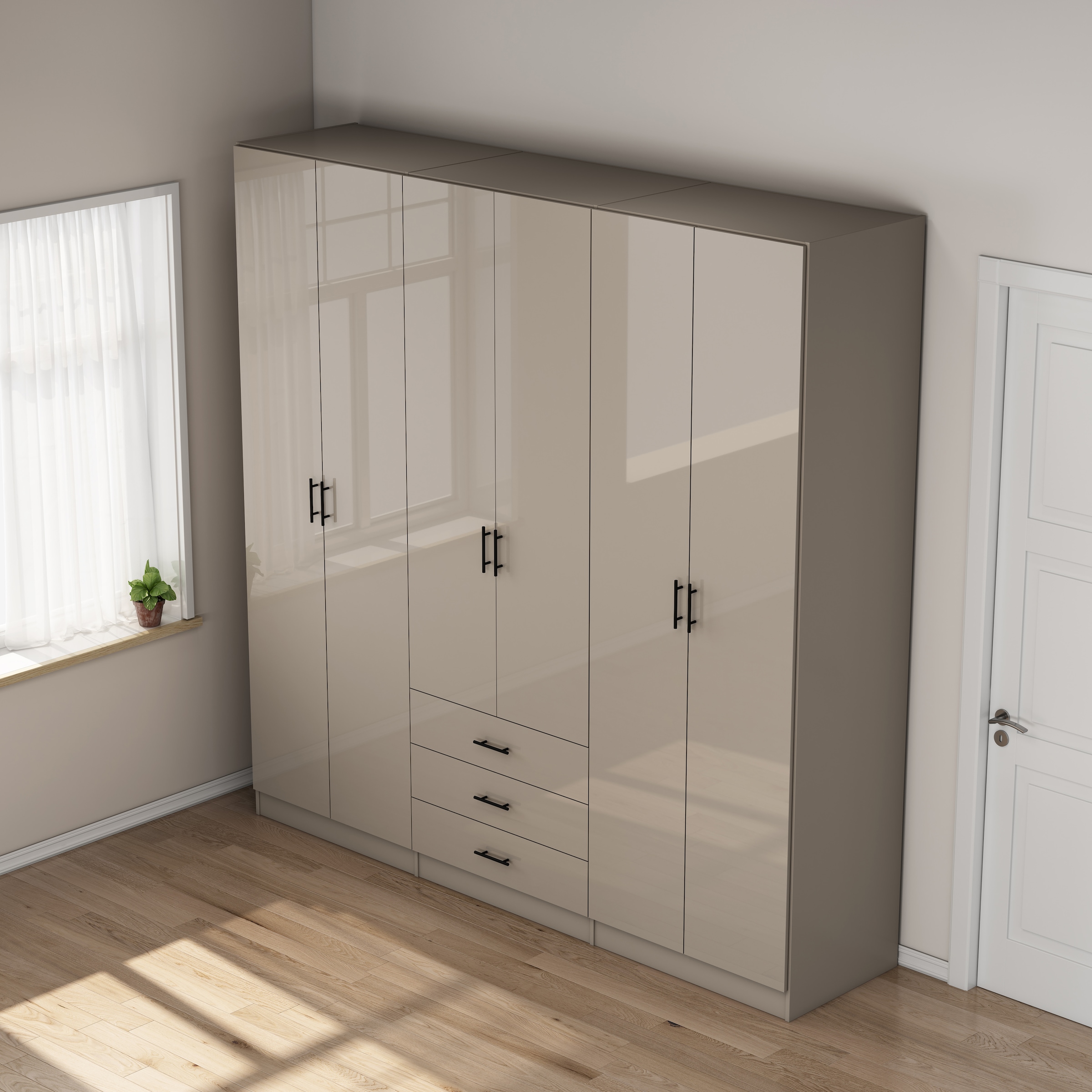 OTTO home Kleiderschrank »Trento Schlafzimmerschrank Garderobe hochglanz« in 2 unterschiedlichen Schrankhöhen wählbar,  Schrank mit 6 Türen und 3 Schubladen, hochglanz Fronten, Höhe 2,39m