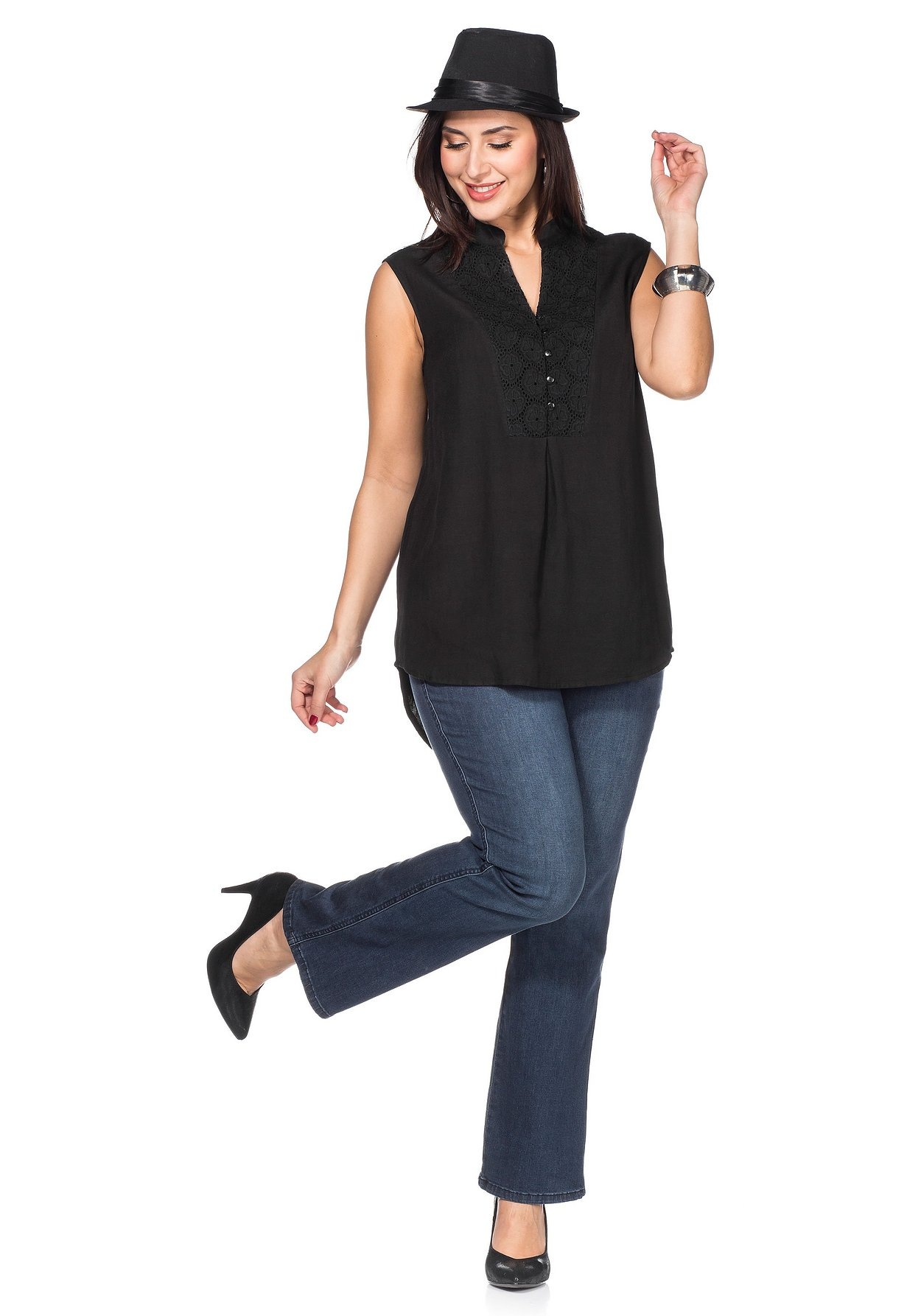 Sheego Shirttop »Webtop mit Spitzenbesatz, mit Leinenanteil«
