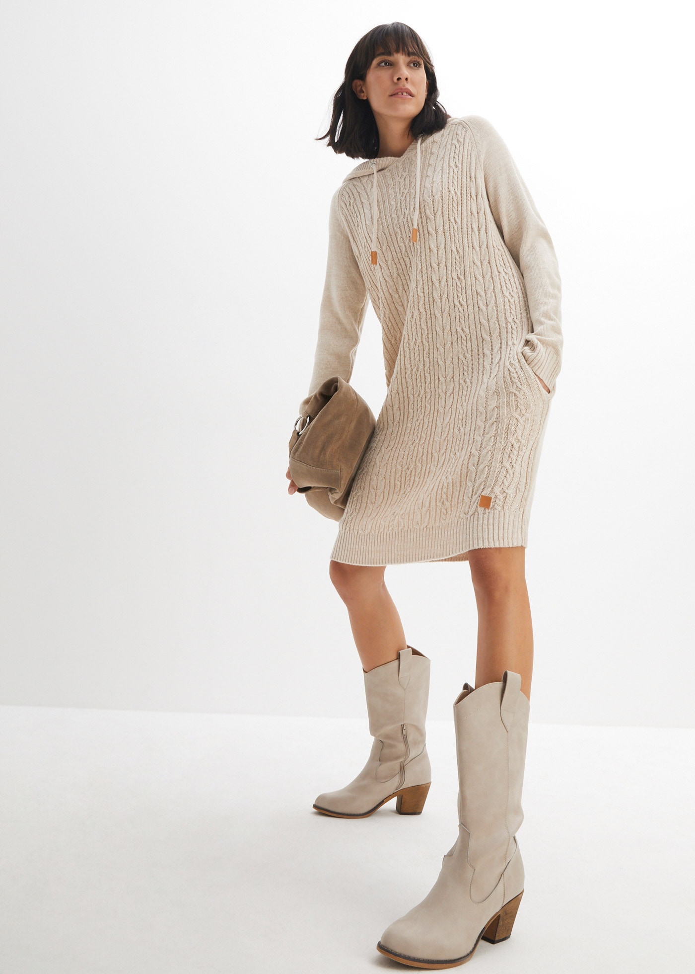 bonprix Strickkleid »Kapuzen-Strickkleid mit Zopfmuster« mit Zopfmuster, Kapuze und Eingrifftaschen