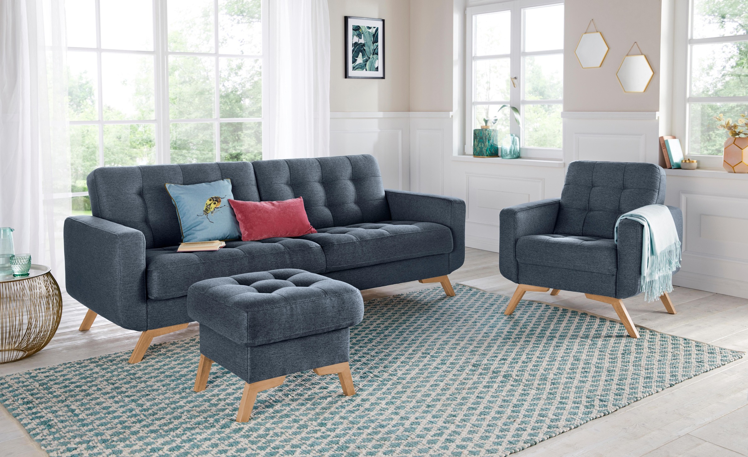 exxpo - sofa fashion 3-Sitzer »Fiord, aktuelles Design, tolle Detailverarbeitung im Sitz und Rücken«, bequem, wahlweise Kippcouch mit Bettfunktion und Bettkasten, Holzfuß