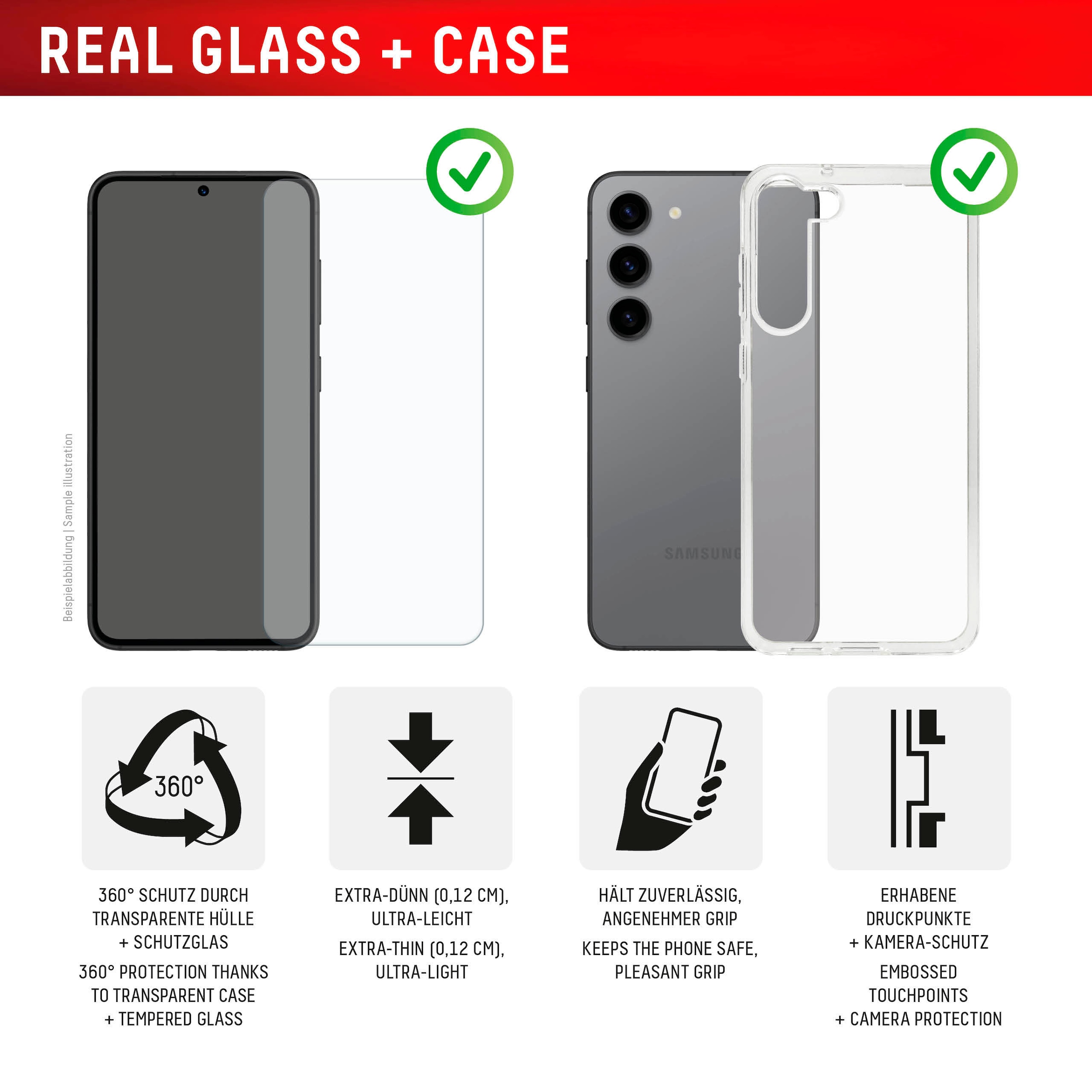 Displex Displayschutzglas »Real Glass + Case«, für Samsung Galaxy S24-Samsung Galaxy S25, Displayschutzfolie Displayschutz Rundumschutz 360 Grad splitterfest