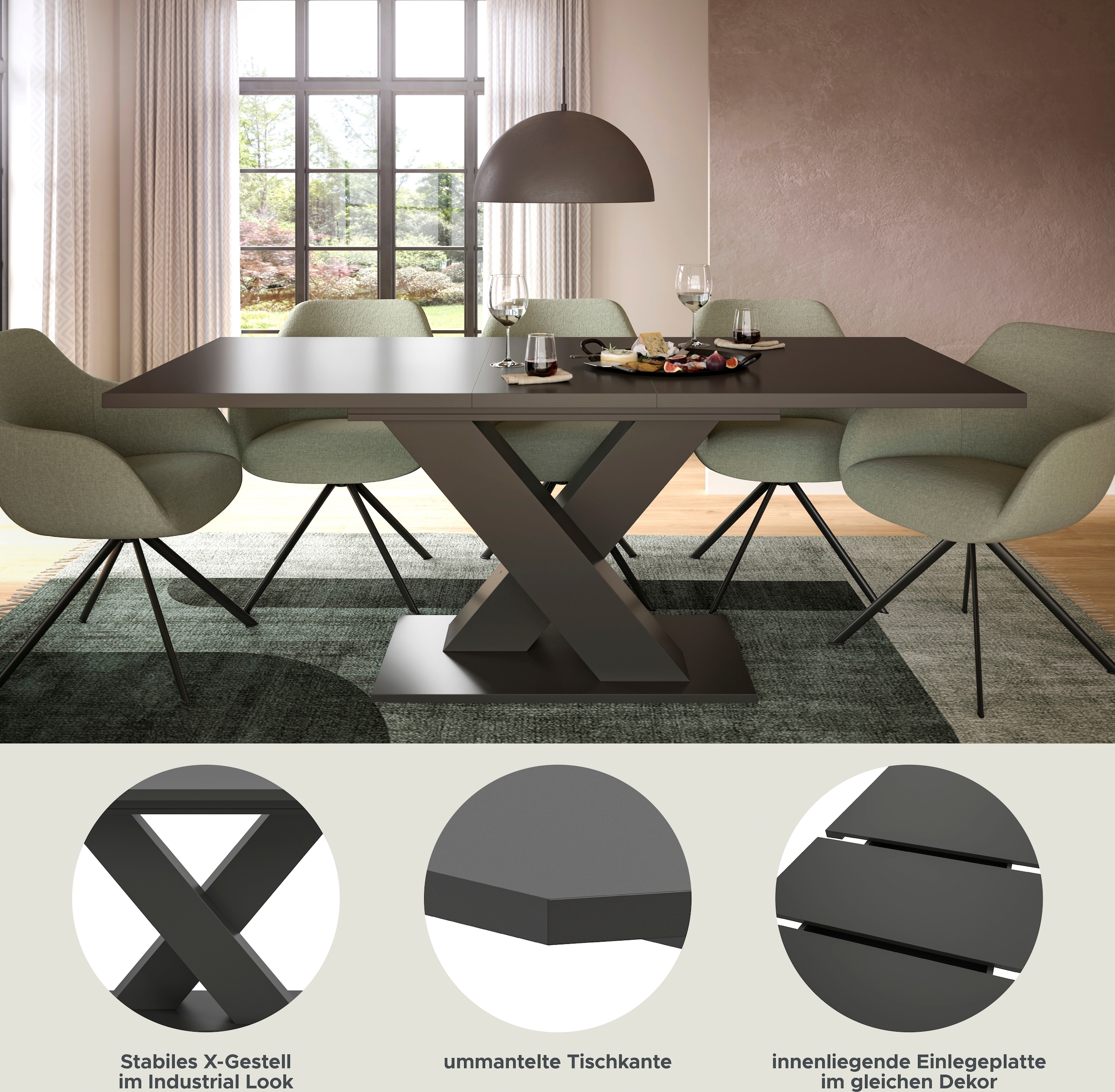 INOSIGN Esstisch »Motus, ausziehbar 150 -190 cm, inklusive 40 cm Einlegeplatte«, X-Gestell mit Bodenplatte, Tisch, Küchentisch, Esszimmer, Küche