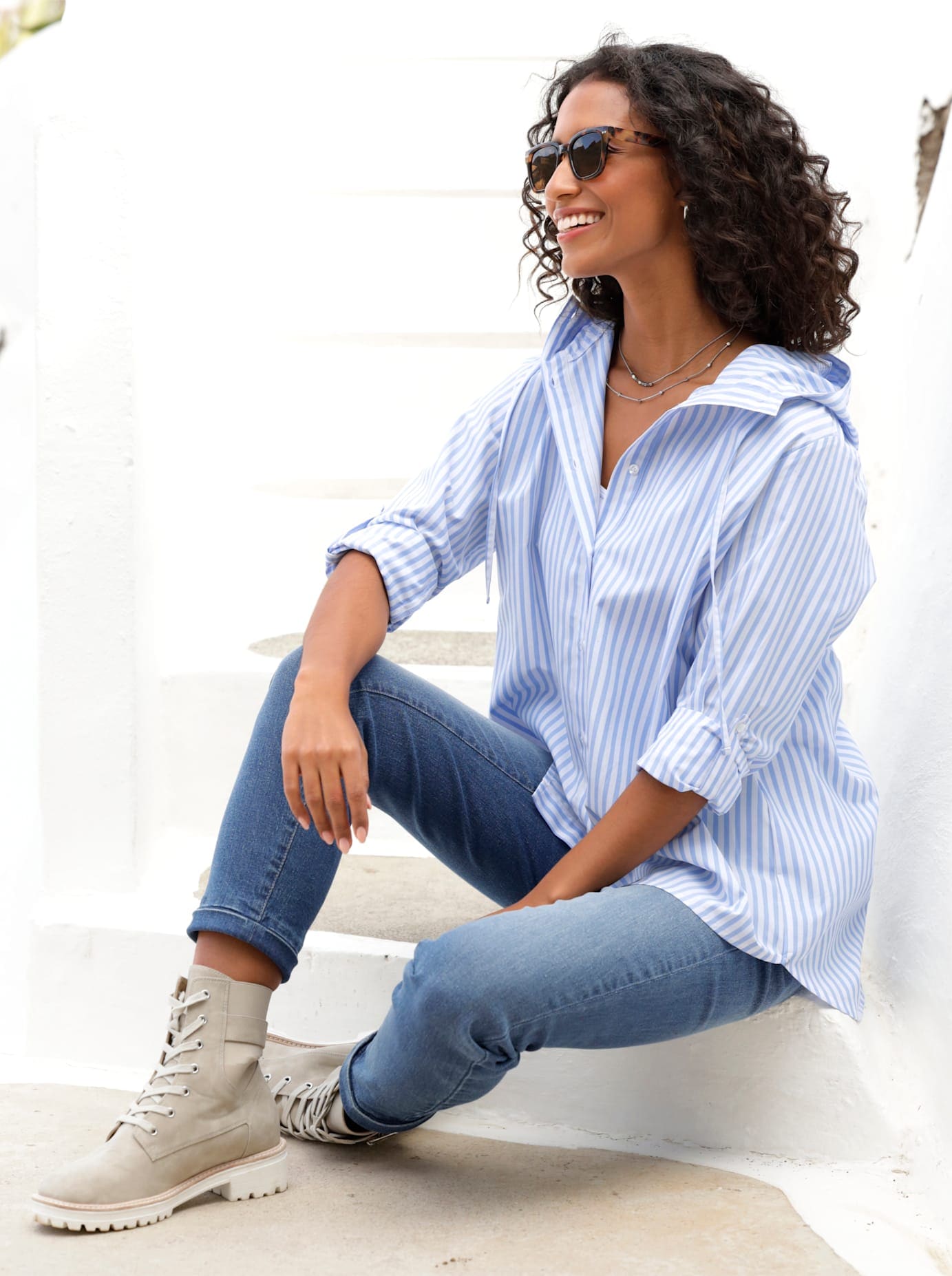 Heine Damen Langarmbluse in blau, Größe 40