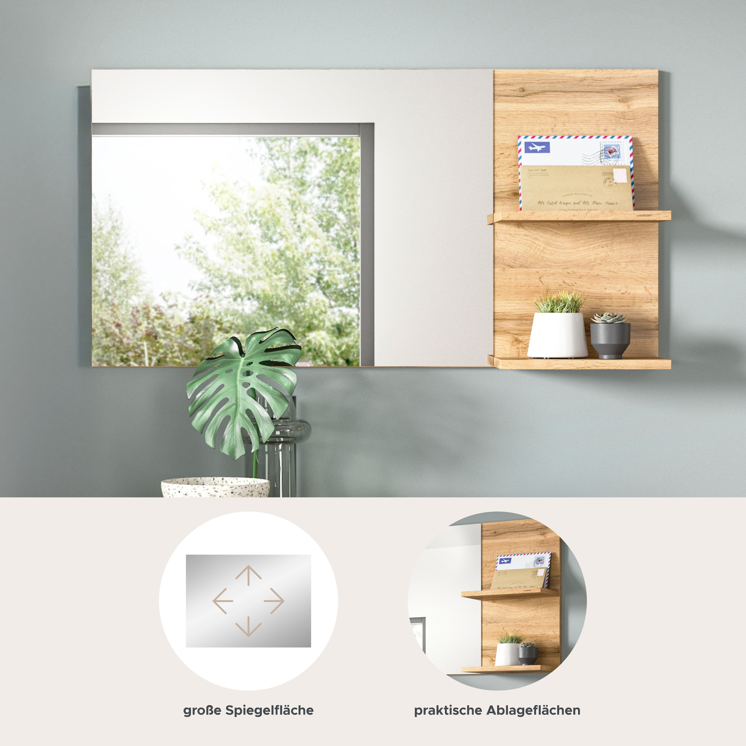 OTTO home Spiegel »MAMBO II, Breite 99cm, 2 Ablageböden, große Spiegelfläche« Garderobenspiegel, Flur, Diele, Spiegel mit Ablage, Spiegelpaneel