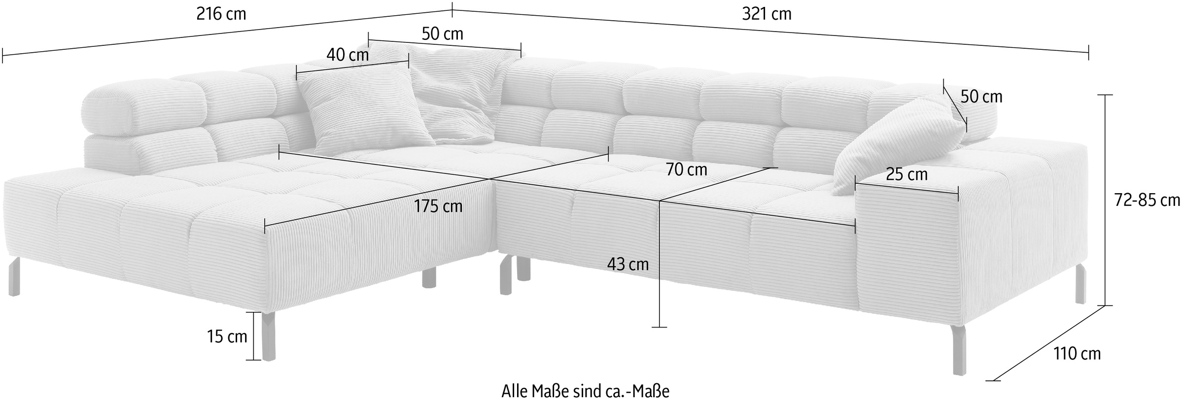 INOSIGN Ecksofa »Ancona New, wahlweise motorische Sitztiefenverstellung, auch in Cord«, feine Steppung, mit Kopfteilverstellung, 3 Zierkissen, L-Form
