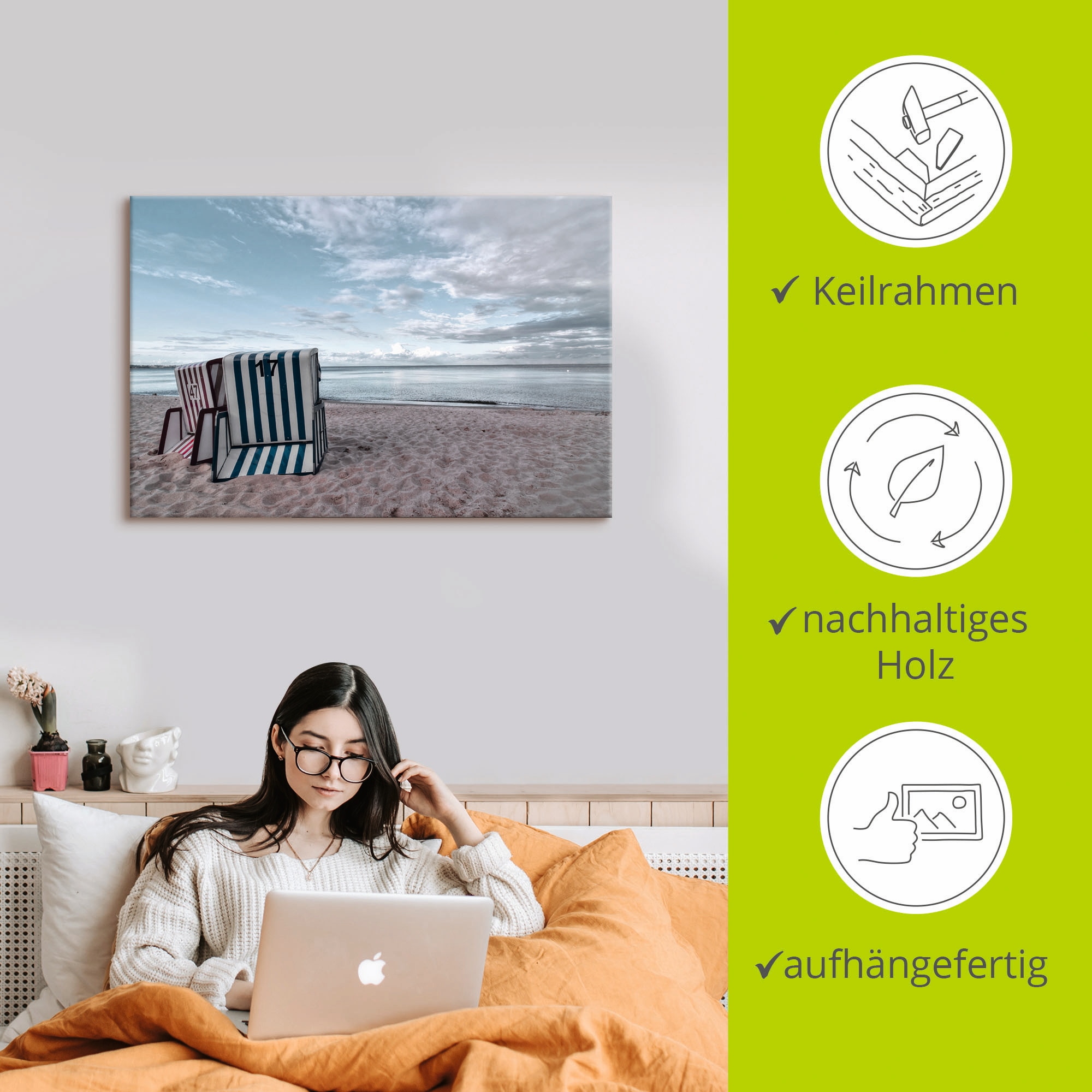 Artland Wandbild »Einsame Strandkörbe am Ostseestrand«, Strand, (1 St.), als Leinwandbild, Poster in verschied. Größen