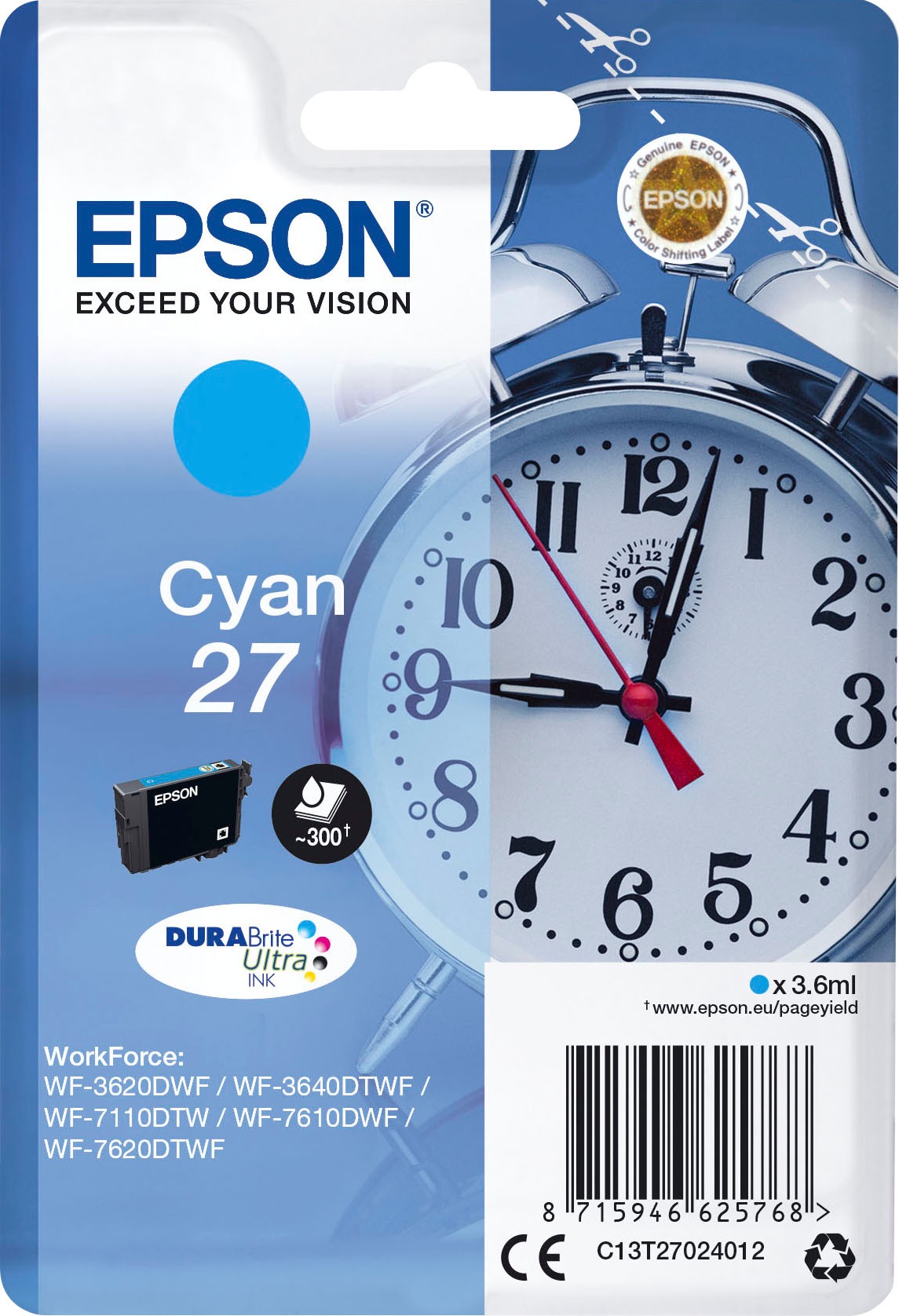 Epson Tintenpatrone »27 DURAbrite Ultra«, (Packung, 1 St.), original Druckerpatrone 27 cyan